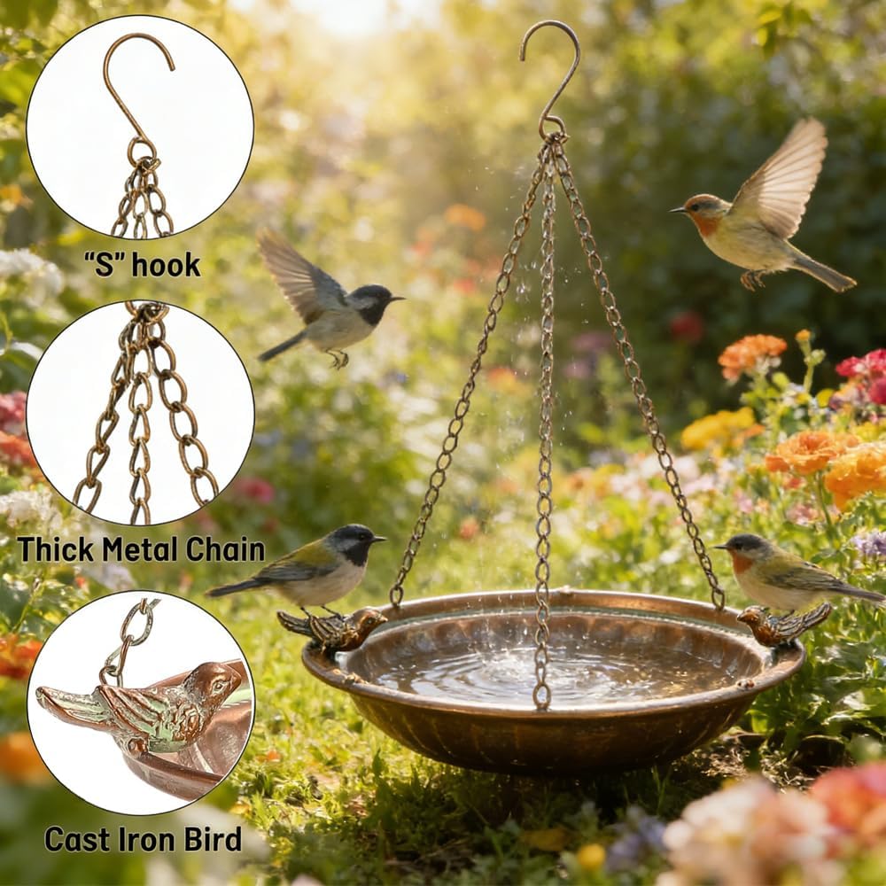 Hanging Bird Bath for Outdoors - 16" Copper Bird Bath Basin | Bird Bath Bowl for Garden, Backyard, Patio Decoration