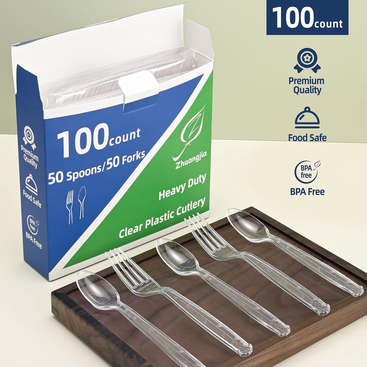 100 Count Plastic Silverware Heavy Duty 50Forks50Spoons | Shatterproof BPA-Free Disposable Cutlery Heat Resistant Disposable Plastic Utensils for Catering & Events, Party Supplies