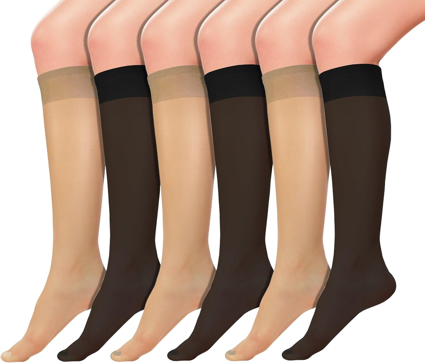 Sheer Knee High Socks, 6 Pairs 20D Premium Silky Soft Nylon Stockings 