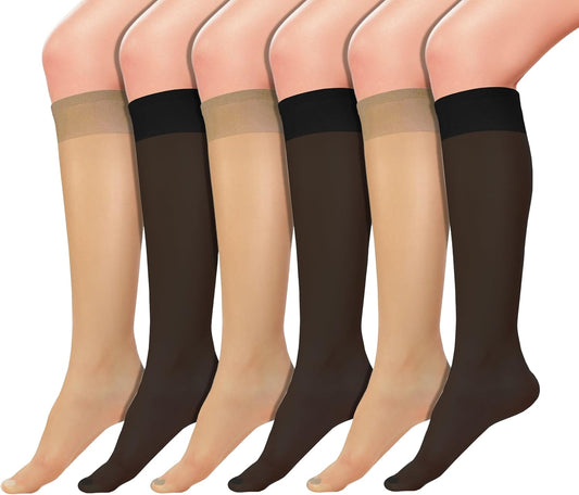 Sheer Knee High Socks, 6 Pairs 20D Premium Silky Soft Nylon Stockings 