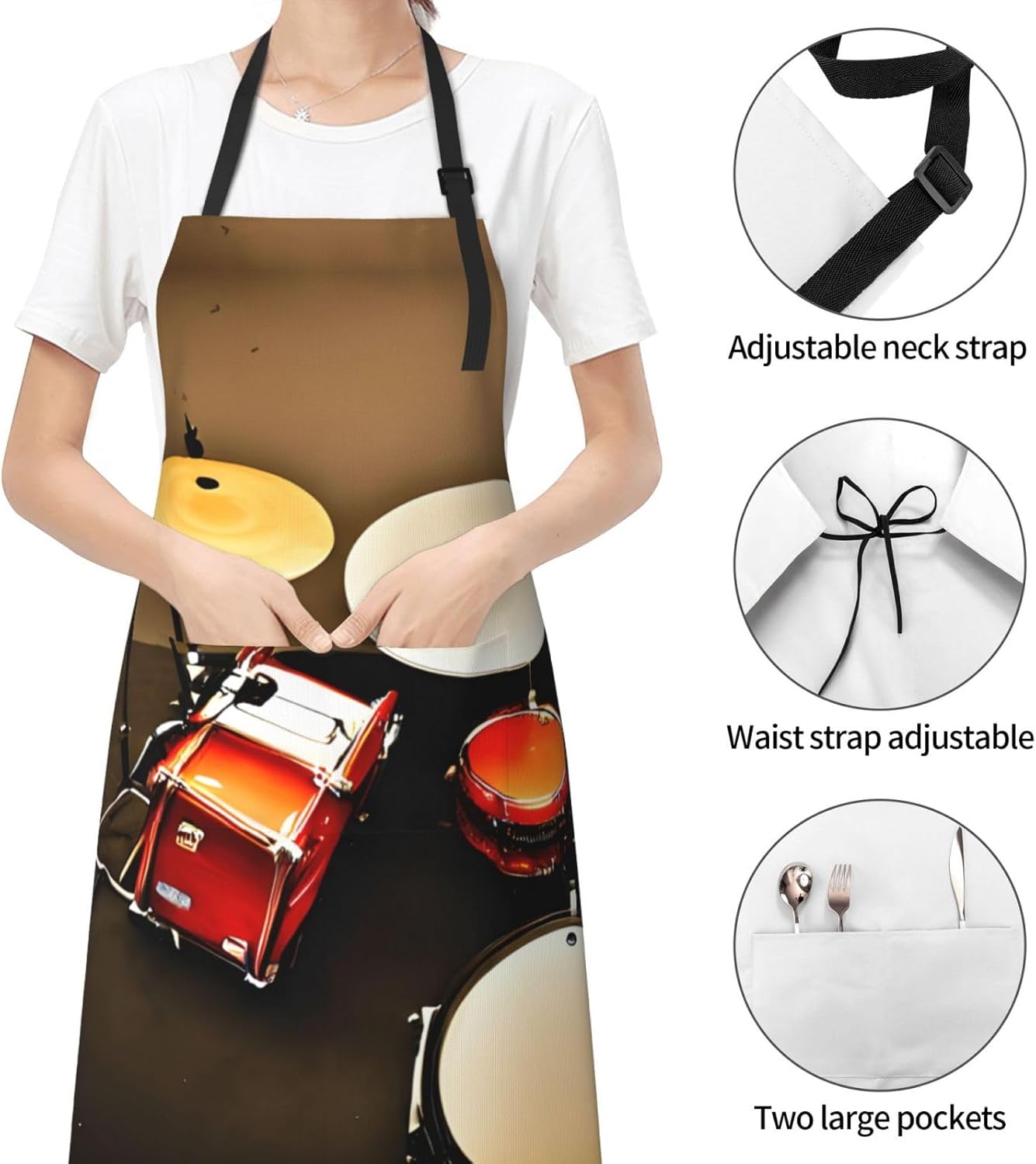 Drum Set-standard Print Laundry apron 28x33 In Waterproof Kitchen Apron with Pockets for Cooking Baking