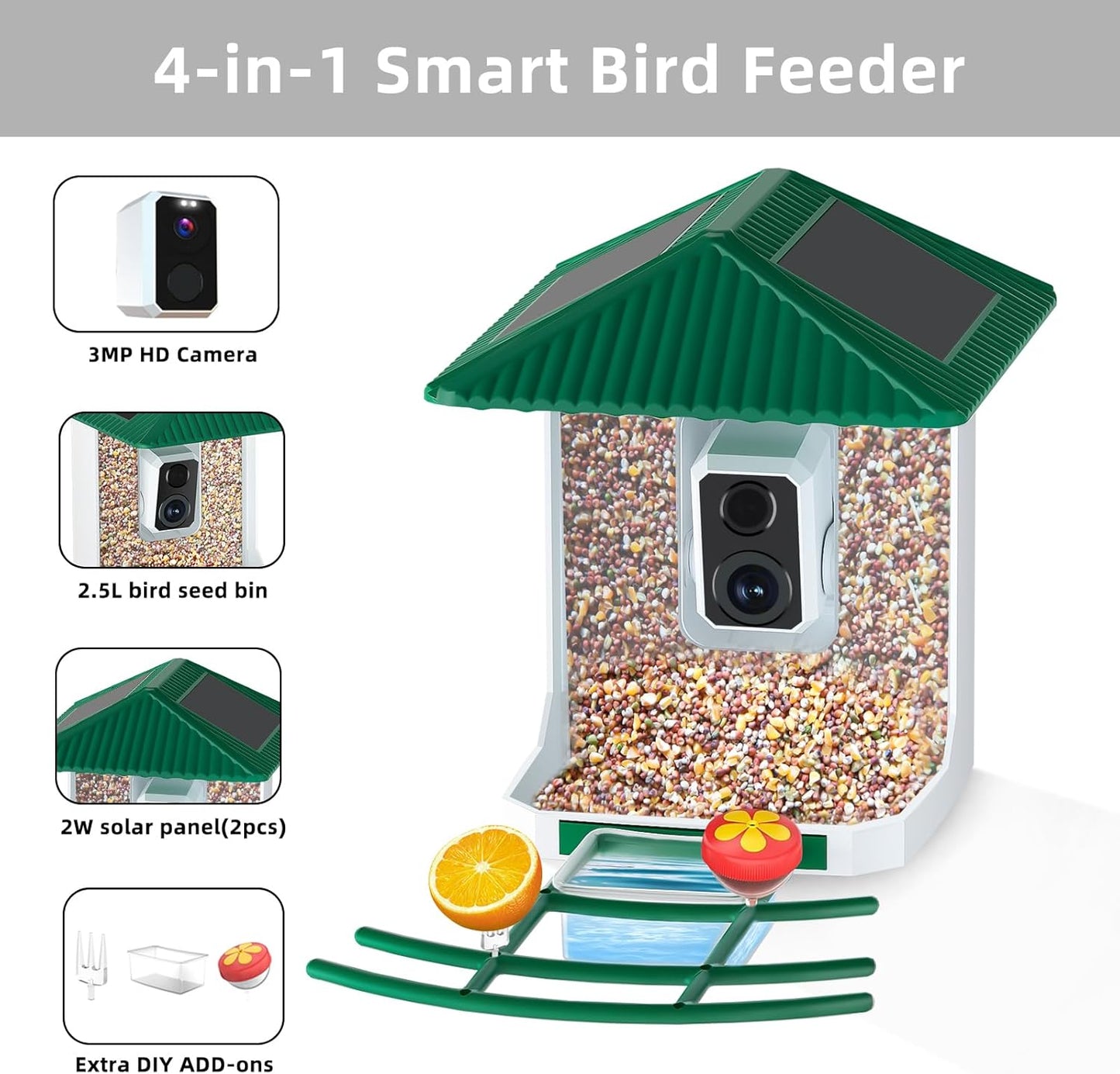 Uniter® 2.5K Smart Bird Feeder with Camera, 5G &2.4G Wifi, Solar Video Birds Feeder with AI Identify Birds Species, Live View, Capture Bird Video, Instant Arrival Alerts, Ideal Gift for Family,Parents