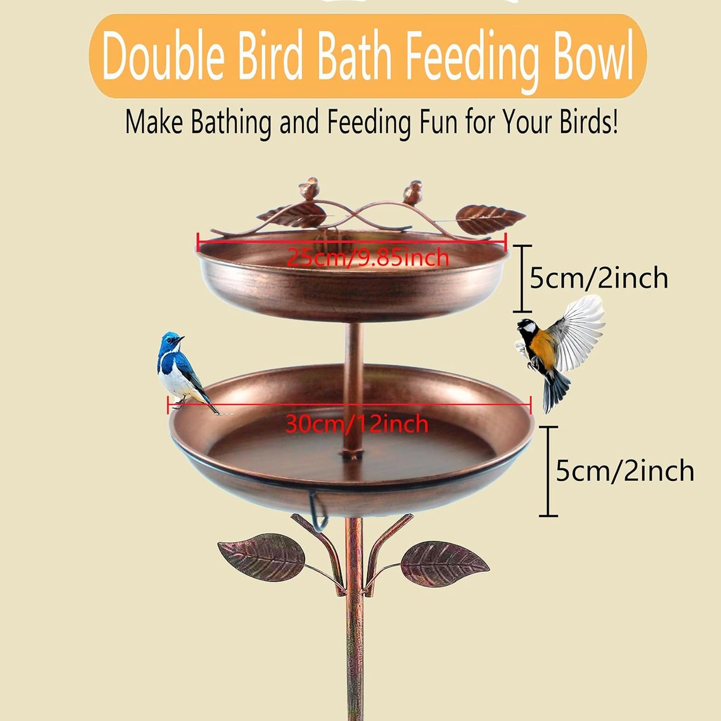 Decorative 2-Tier Metal Birdbath Feeder, Copper Bronze Finish with Lea