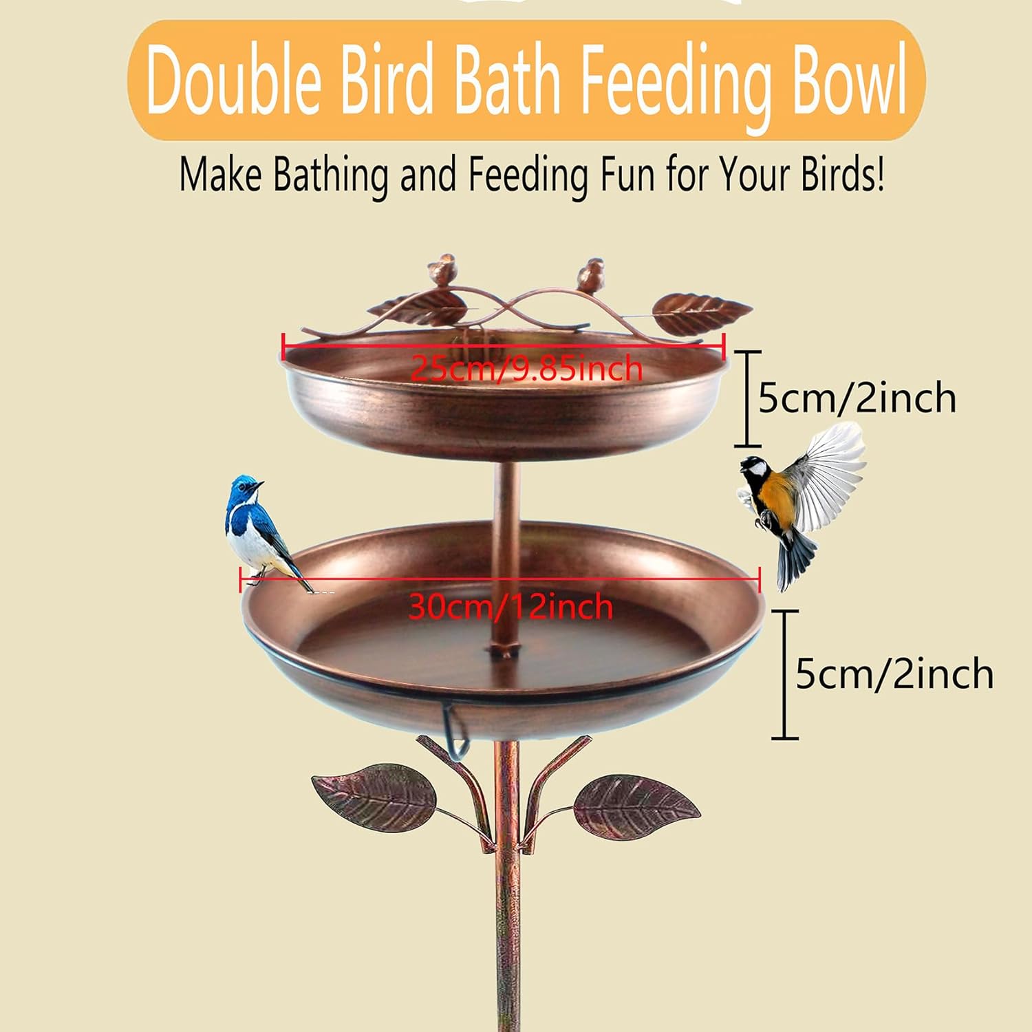 Decorative 2-Tier Metal Birdbath Feeder, Copper Bronze Finish with Lea