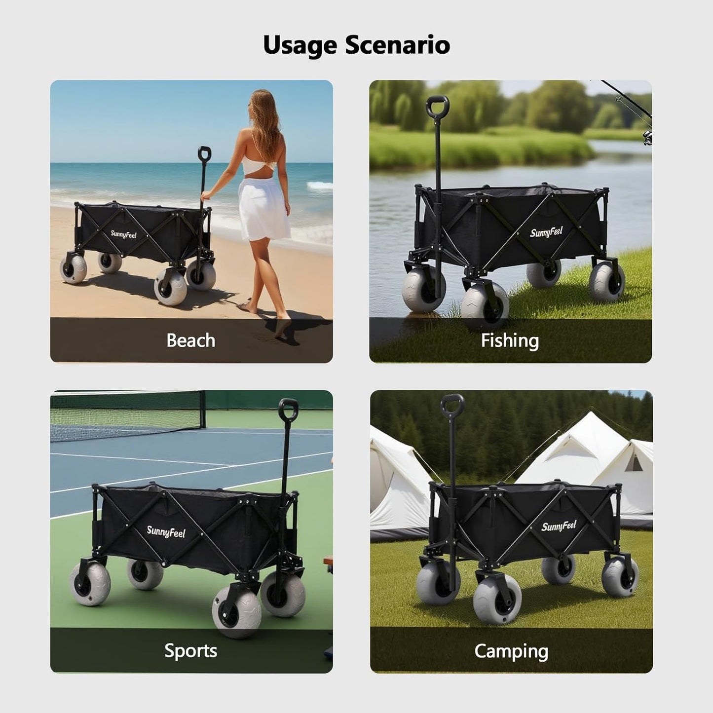 SUNNYFEEL 41" L Beach Wagon with Big Wheels for Sand - 550lbs Heavy Duty Folding Beach Wagon - All Terrain Steel Frame with 9" Pneumatic Tires for Beach,Camping,Sports,Garden (Black)