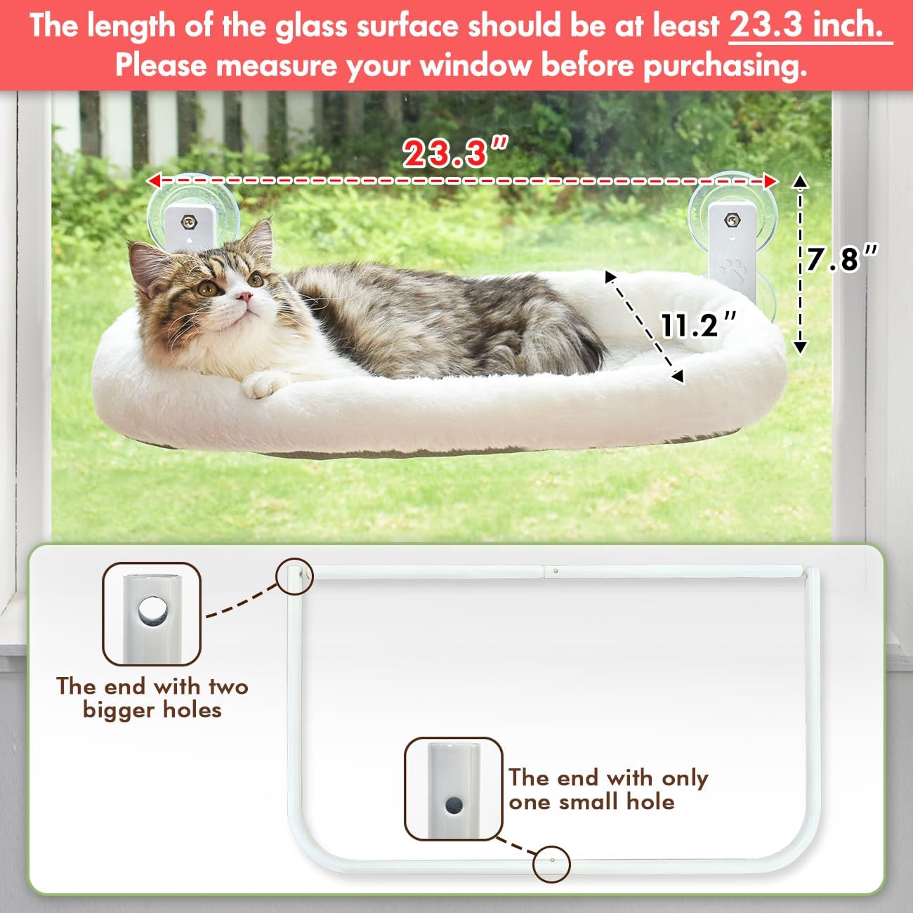 AMOSIJOY Cordless Cat Window Perch, Window Hammock for Cats with 4 Str