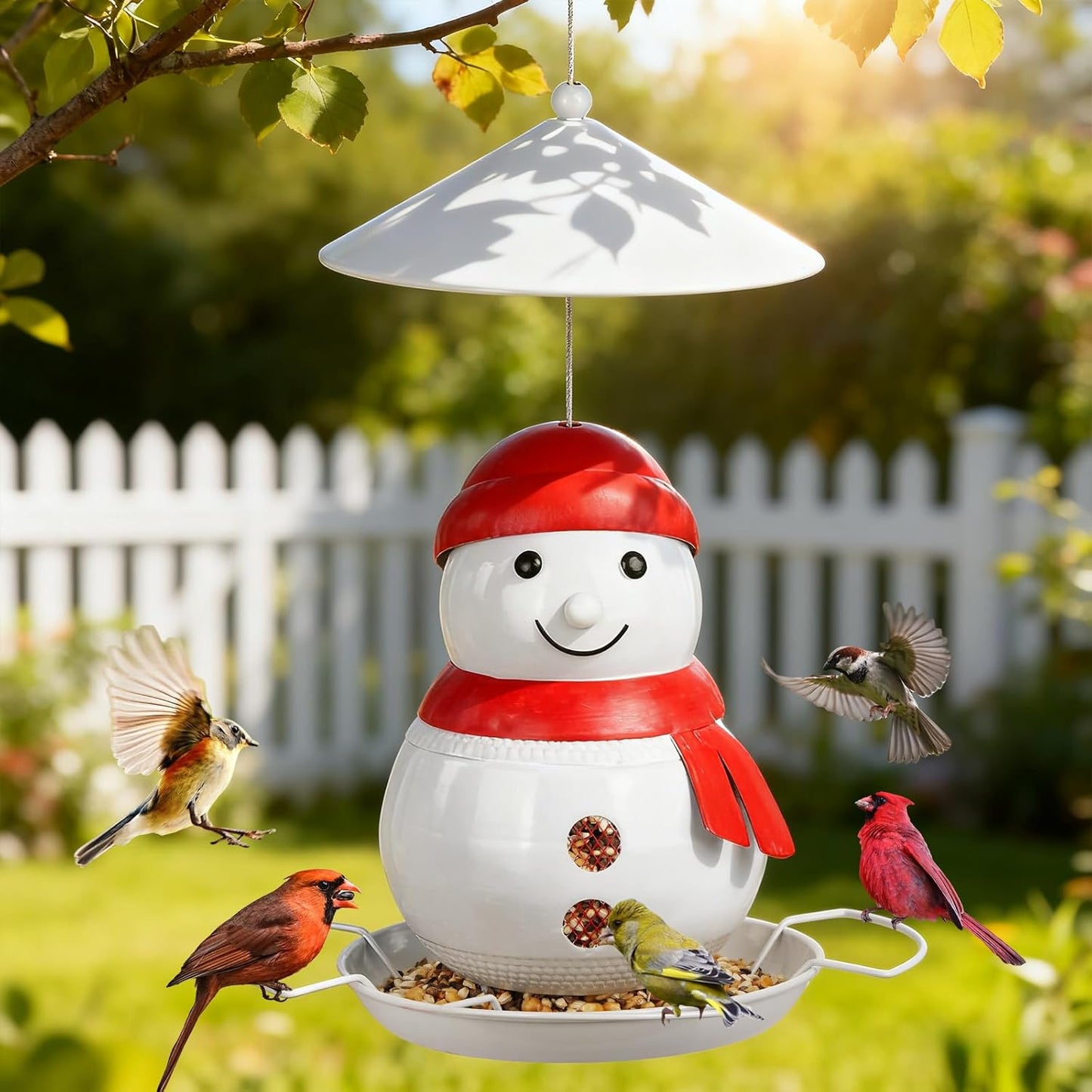 Bird Feeder for Outdoor Hanging, Heavy Duty Metal Wild Bird Feeder with Squirrel Proof Baffle for Outside Hanging, Large Capacity Birdfeeder Garden Yard Decoration, Cute Snowman Shaped