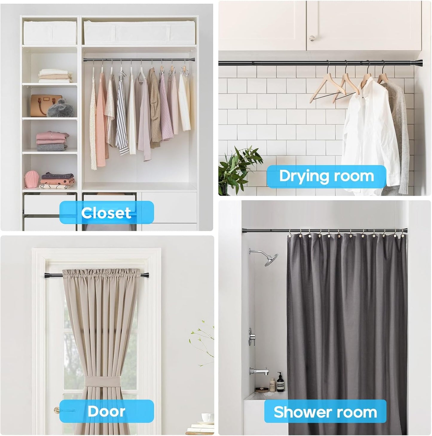 Black Spring Tension Curtain Rod 28-52 Inches, 7/8" Diameter Adjustable Shower Curtain Rod No Drill, Anti-slip Heavy Duty Spring Curtain Rod for Windows Bathroom Kitchen Closet Doorway