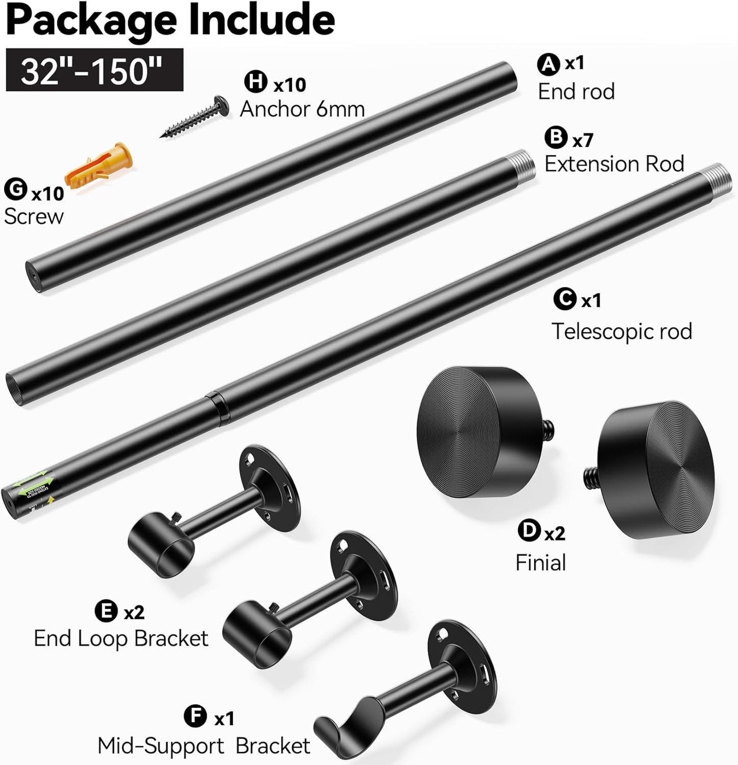 YaFex Heavy Duty Curtain Rods 32-150 Inch, 1 Inch Adjustable Black Curtain Rod for Windows, Extra Long Window Treatment Rods with Aluminium Finials, Easy Installation
