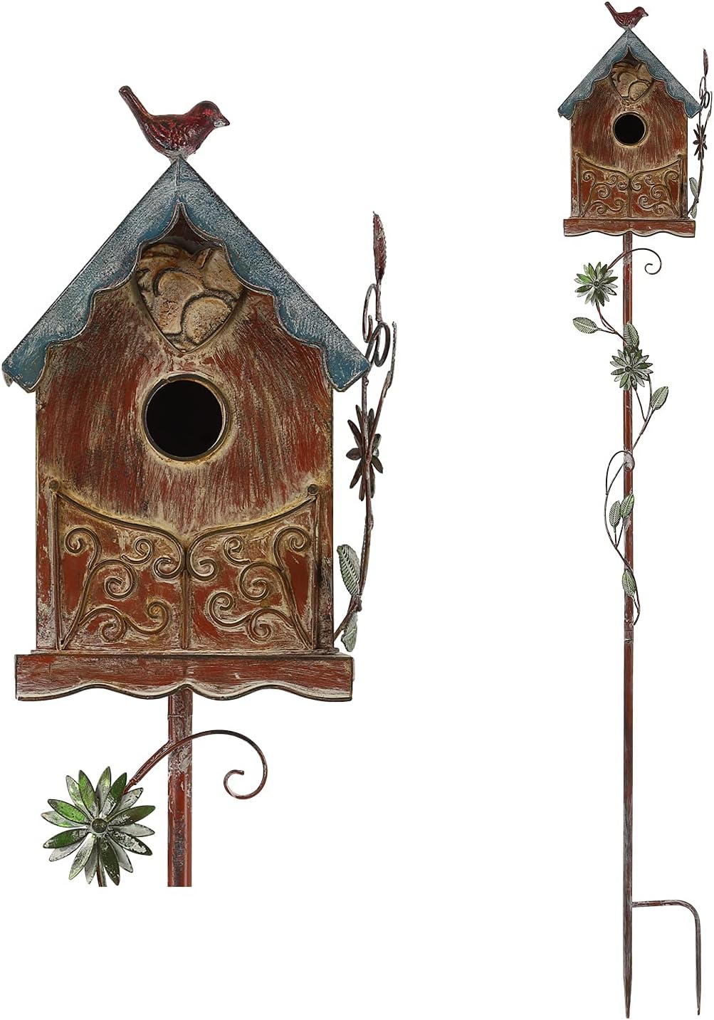 Baroque Cottage Bird House Stake for Outside with Pole, Distressed Metal Birdhouse Stand for Outdoor Garden,Purple