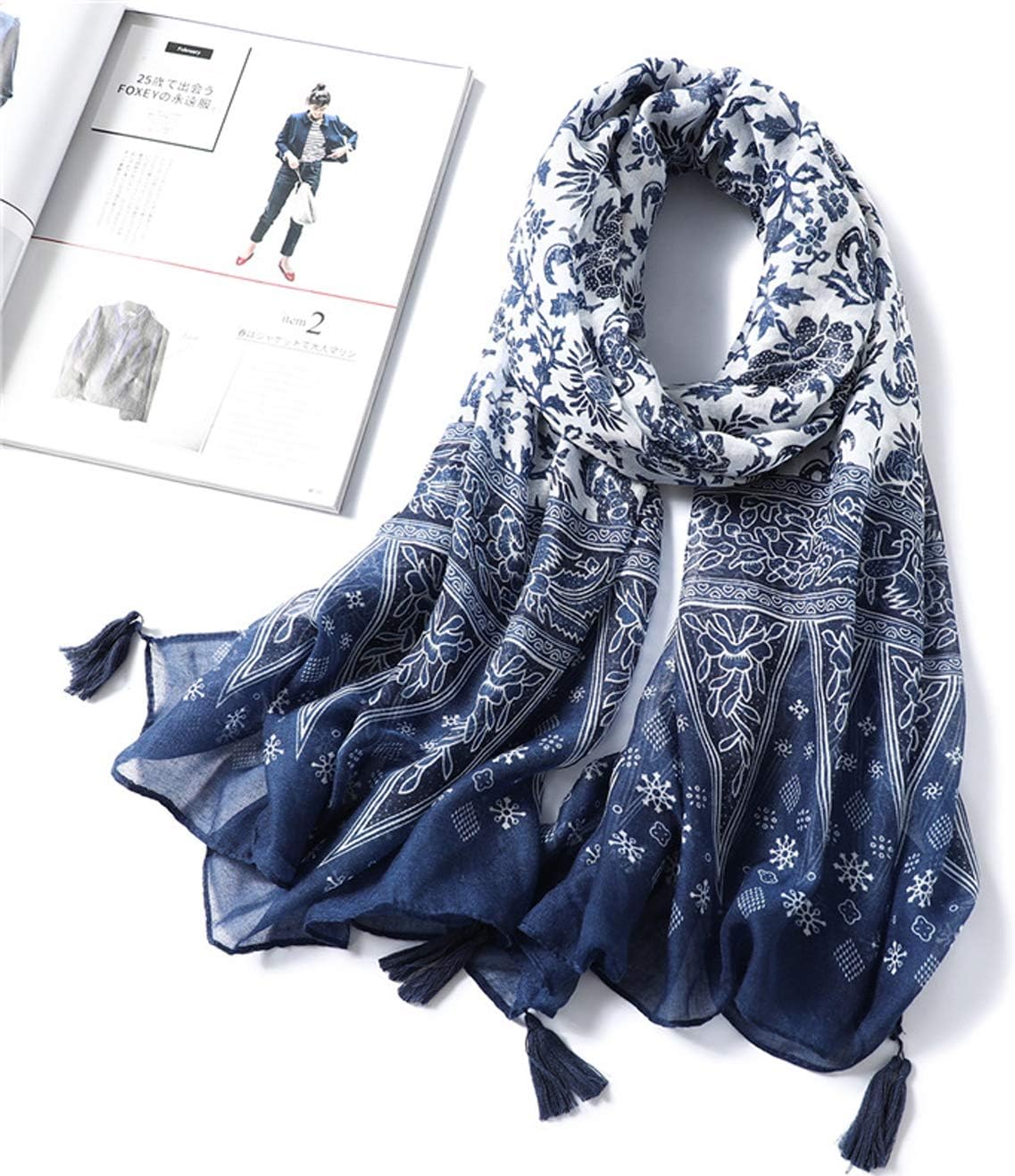 GUZOSJO Women's Boho Cotton Hemp Lightweight Floral Printed Scarf Long