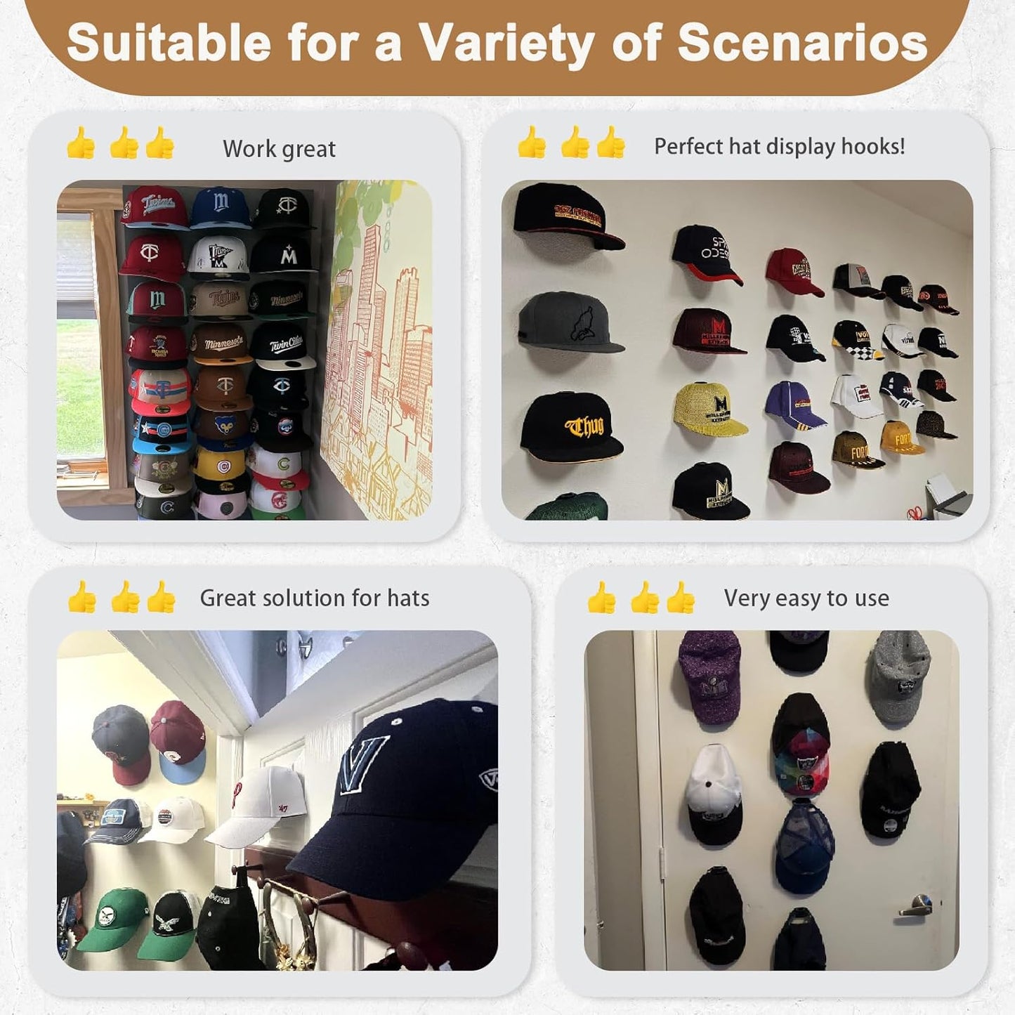 22 Pack Adhesive Hat Hooks for Wall, Super Strong Hat Rack for Baseball Caps, Hat Organizer Display for Home Decor, Hat Hangers Holder for Wall, Door, Closet, No Drilling - USA Patented (Black)