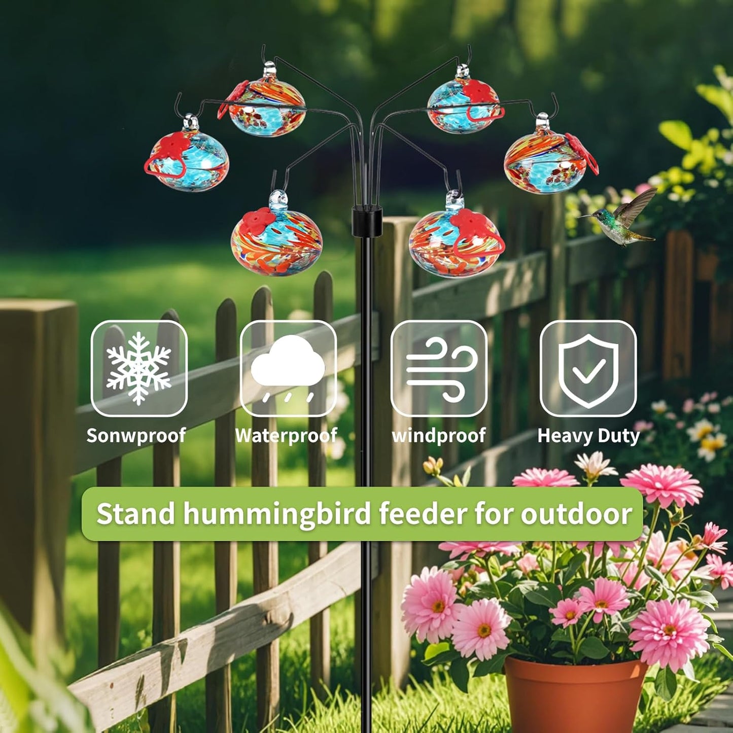 Decorative Hummingbird Feeders for Outdoors Hand-Blown Glass Hummingbird Feeders Stand 6 Feeding Stations Never Leak Garden Decor Backyard,Gifts for Women Mom (Phoenix Tail Blue)