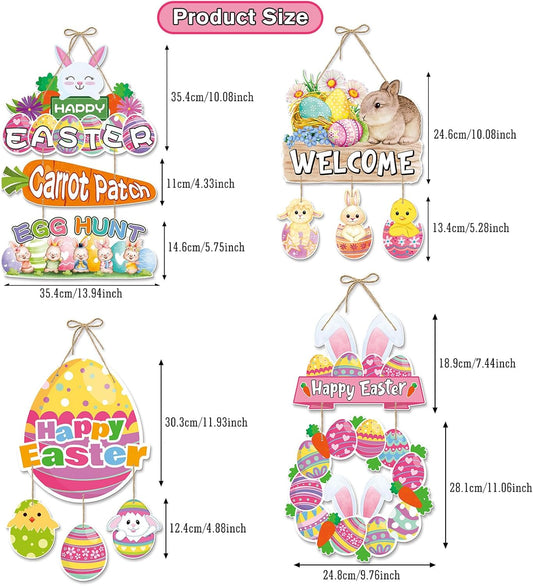 Easter Bunny Door Sign - 4-Piece Set Easter Hanging Sign Rabbit Door D