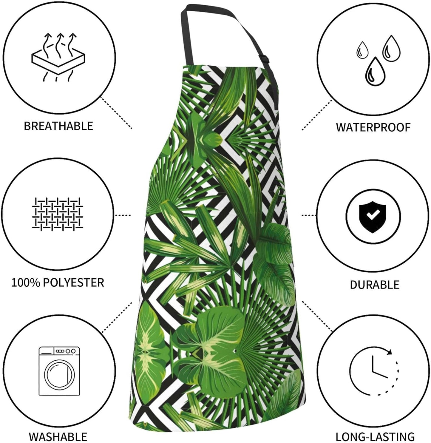 Green Leaves of Palm Tree Tropical Plant Print 28x33 In Adult Kitchen Apron with Pockets Versatile Chef Smock for Cooking Baking