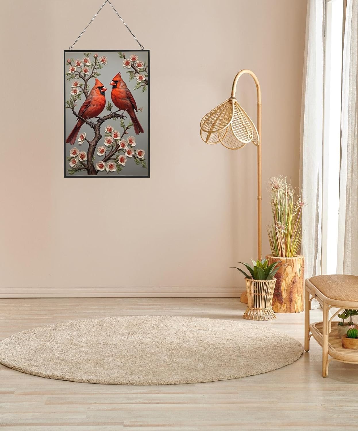 Large Stained Glass Window Hanging, Cardinal Suncatcher, Hand Painted Glass for Bird Lovers - Red Cardinal Memorial Gift for Women (10 x 15in)
