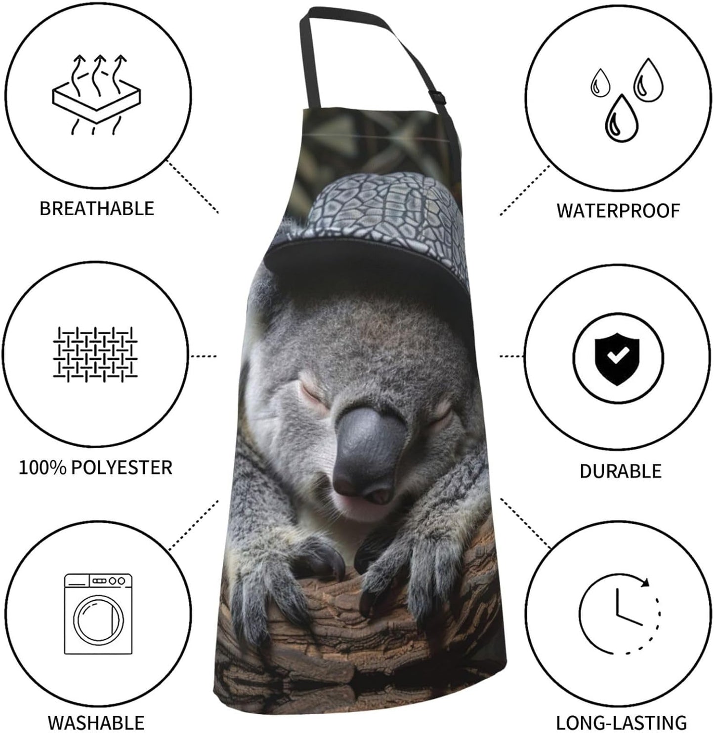sleeping koala cap print Waterproof chef's apron with pocket apron for kitchen cooking baking barbecue and gardening
