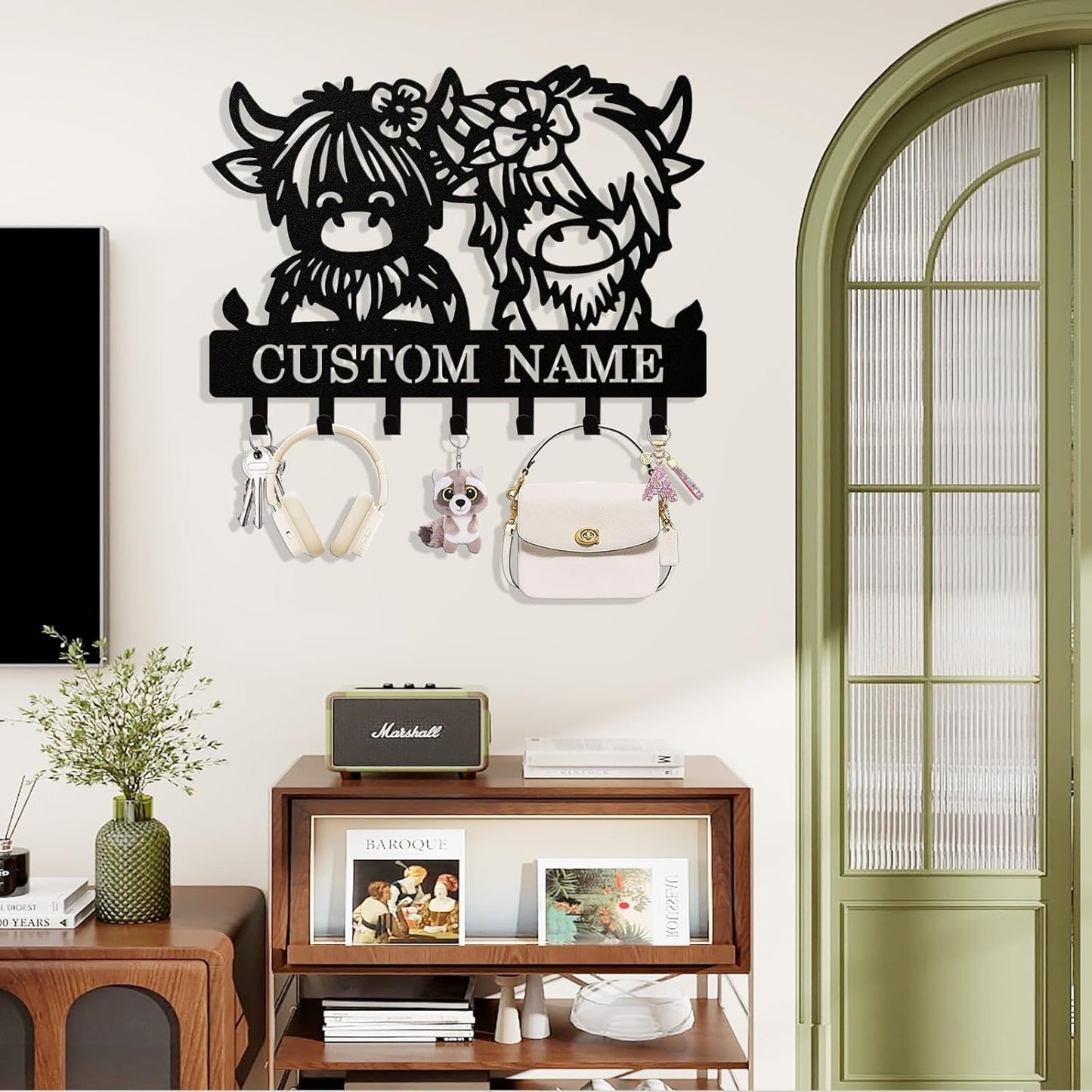 Personalized Highland Cow Key Holder Wall Mount, Custom Metal Keys Rac