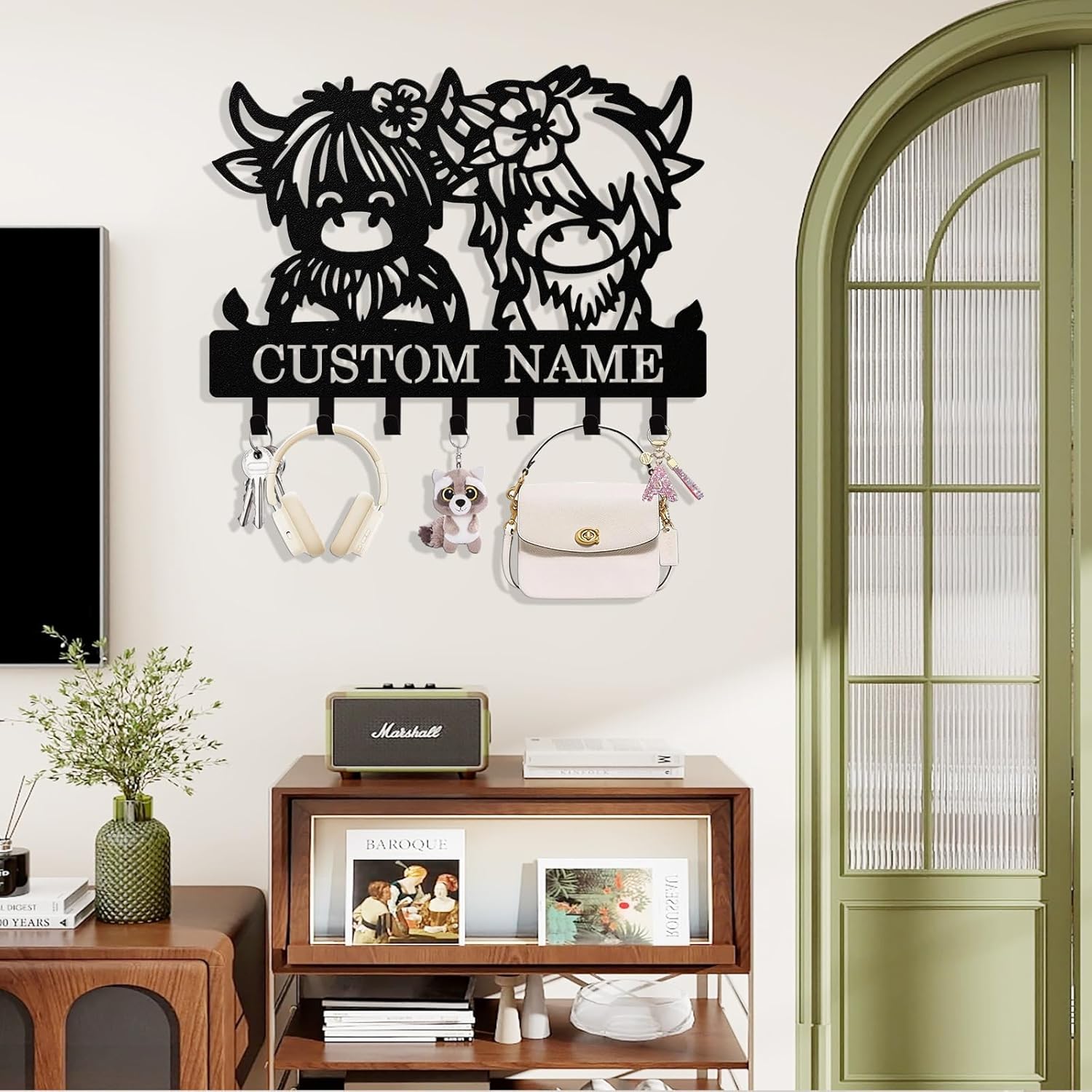 Personalized Highland Cow Key Holder Wall Mount, Custom Metal Keys Rac