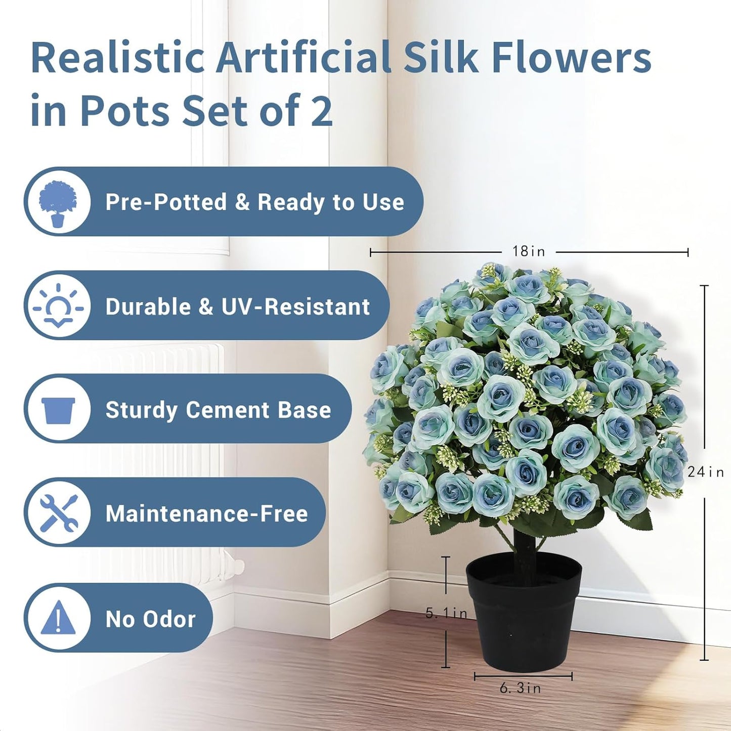 24” Artificial Flowers for Outdoors, Set of 2 Realistic Faux Blue Roses in Cement Pots, UV Resistant Fake Plants Look Real for Front Porch, Entryway & Indoor Spring Decor