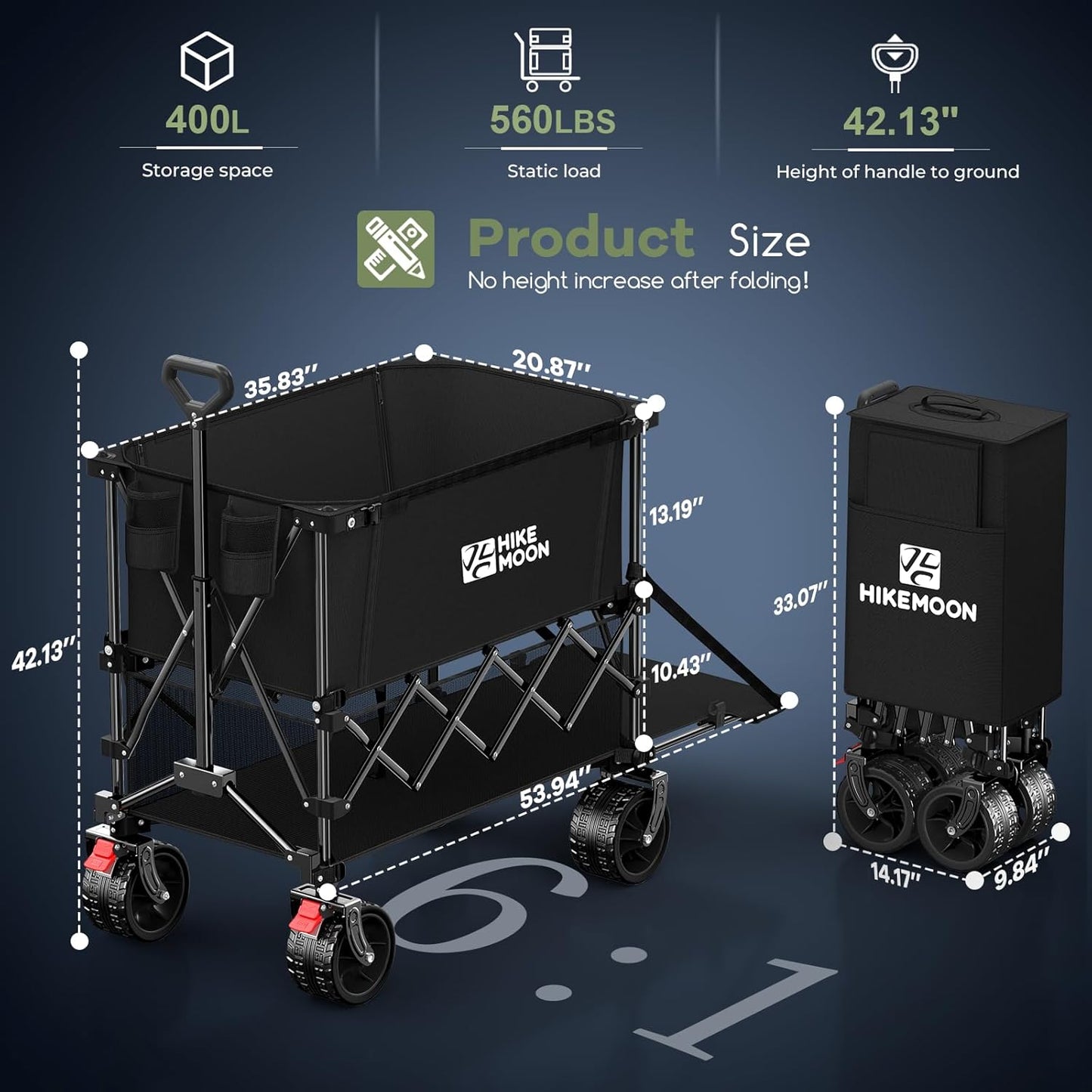 400L Double Decker Wagon with Tailgate 54'' Extra Long, 560LBS Heavy Duty Wagons Carts Foldable, Big All-Terrain Wheels with Brakes, Utility Folding Cart for Beach, Camping, Sports, Black