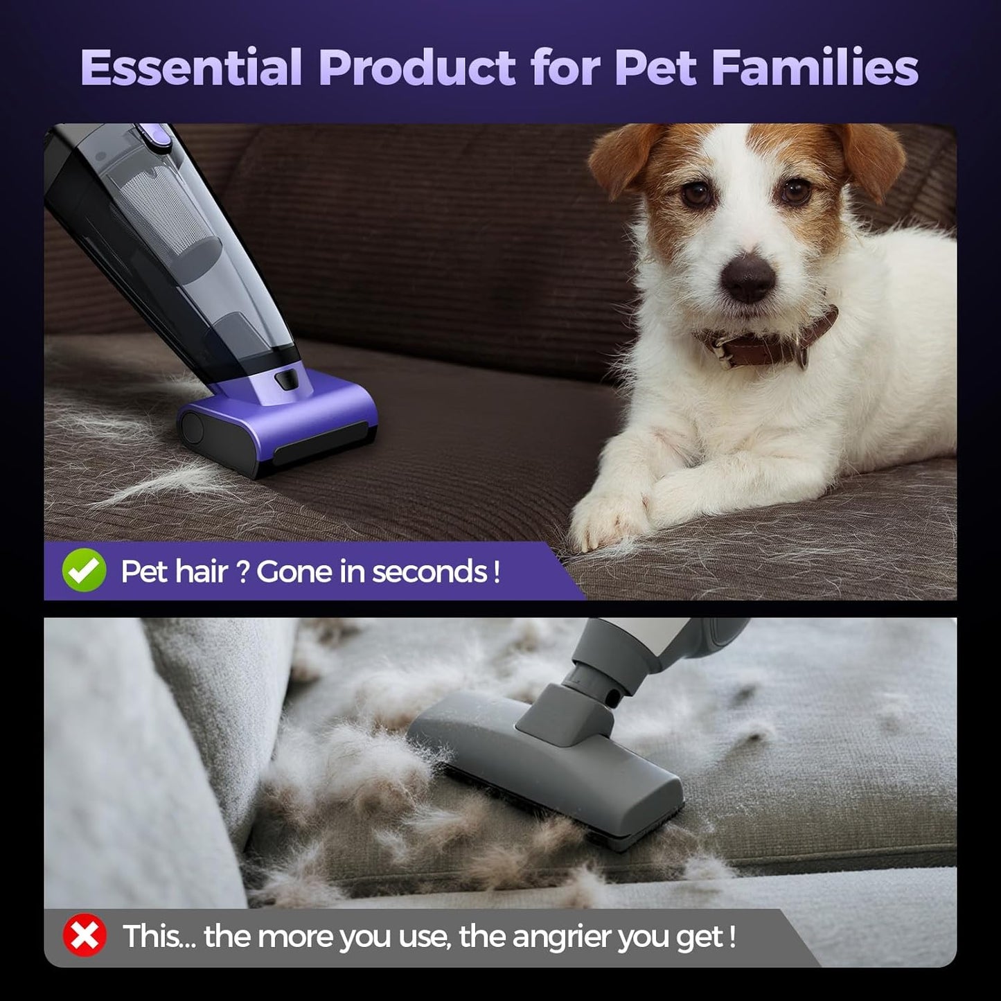 Pet Hair Handheld Vacuum Cordless: 20000PA High Power Car Vacuum with 