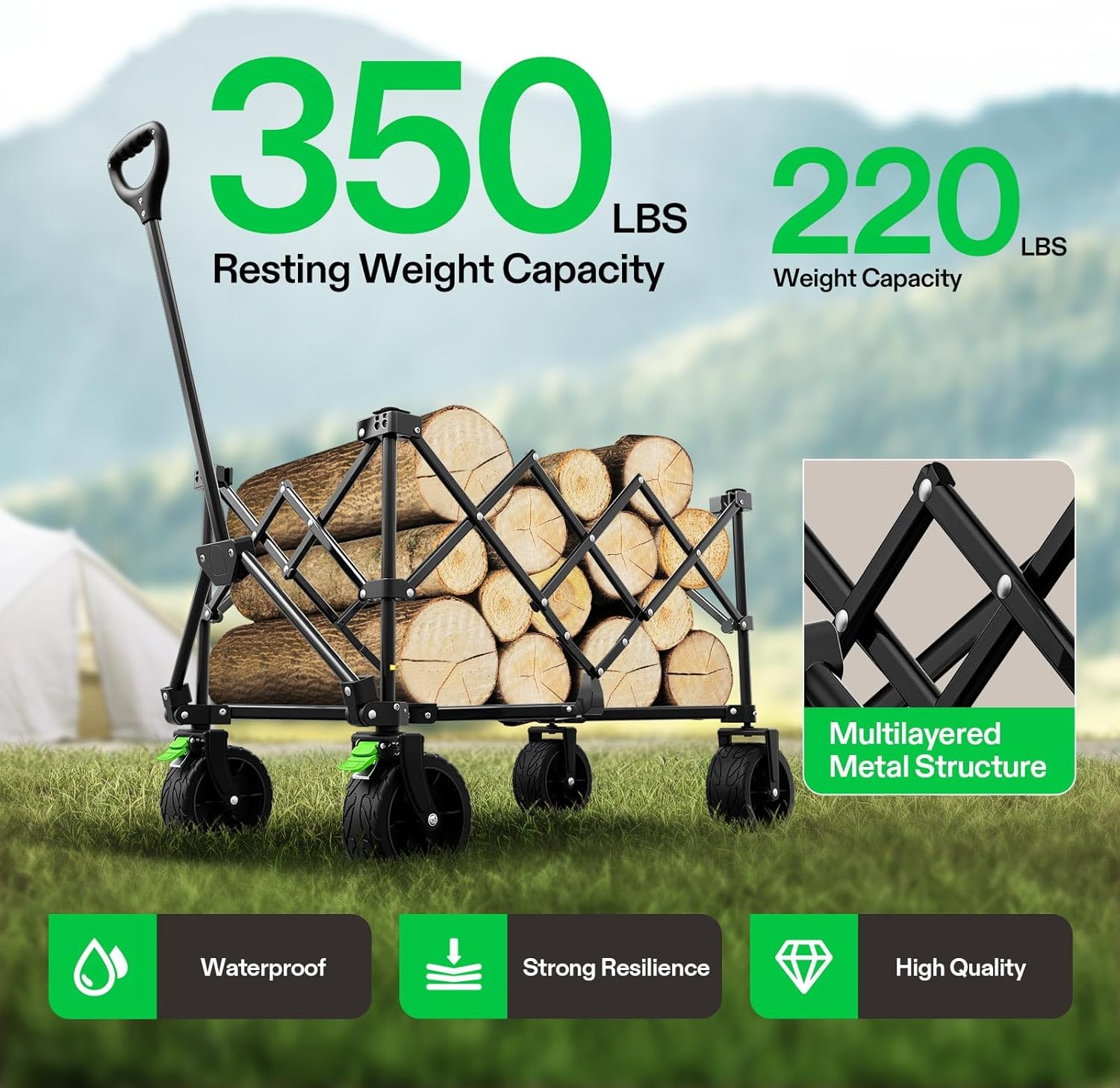 VIVOSUN Collapsible Folding Wagon, Outdoor Utility with Silent All-Ter