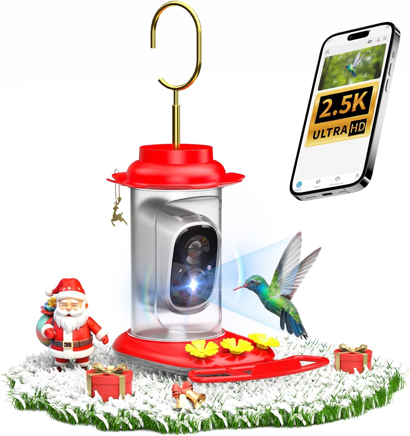 Hummingbird Feeder with Camera: Auto Capture & AI Bird ID, Wide Mouth 