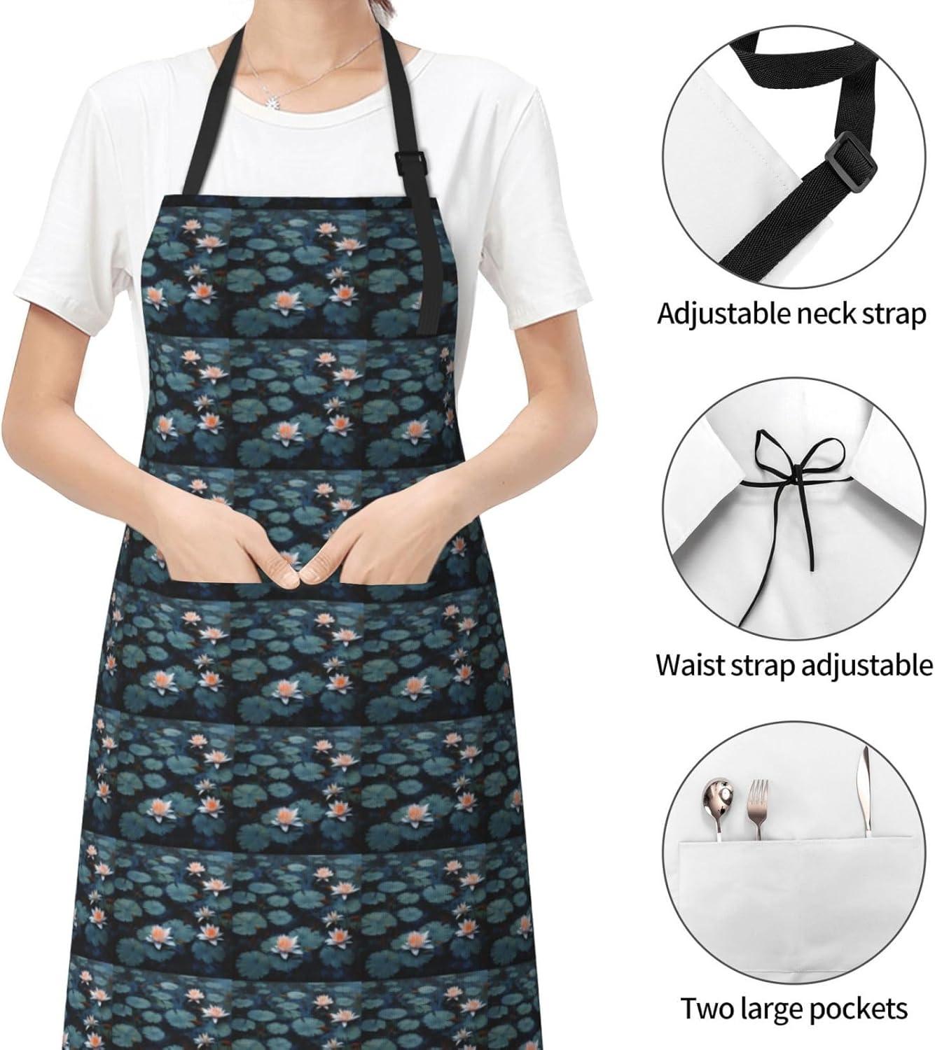 YANYU Lily Pads Flower Print 28x33 In Kitchen Apron Stylish Chef Apron with Pockets for Cooking Baking Painting