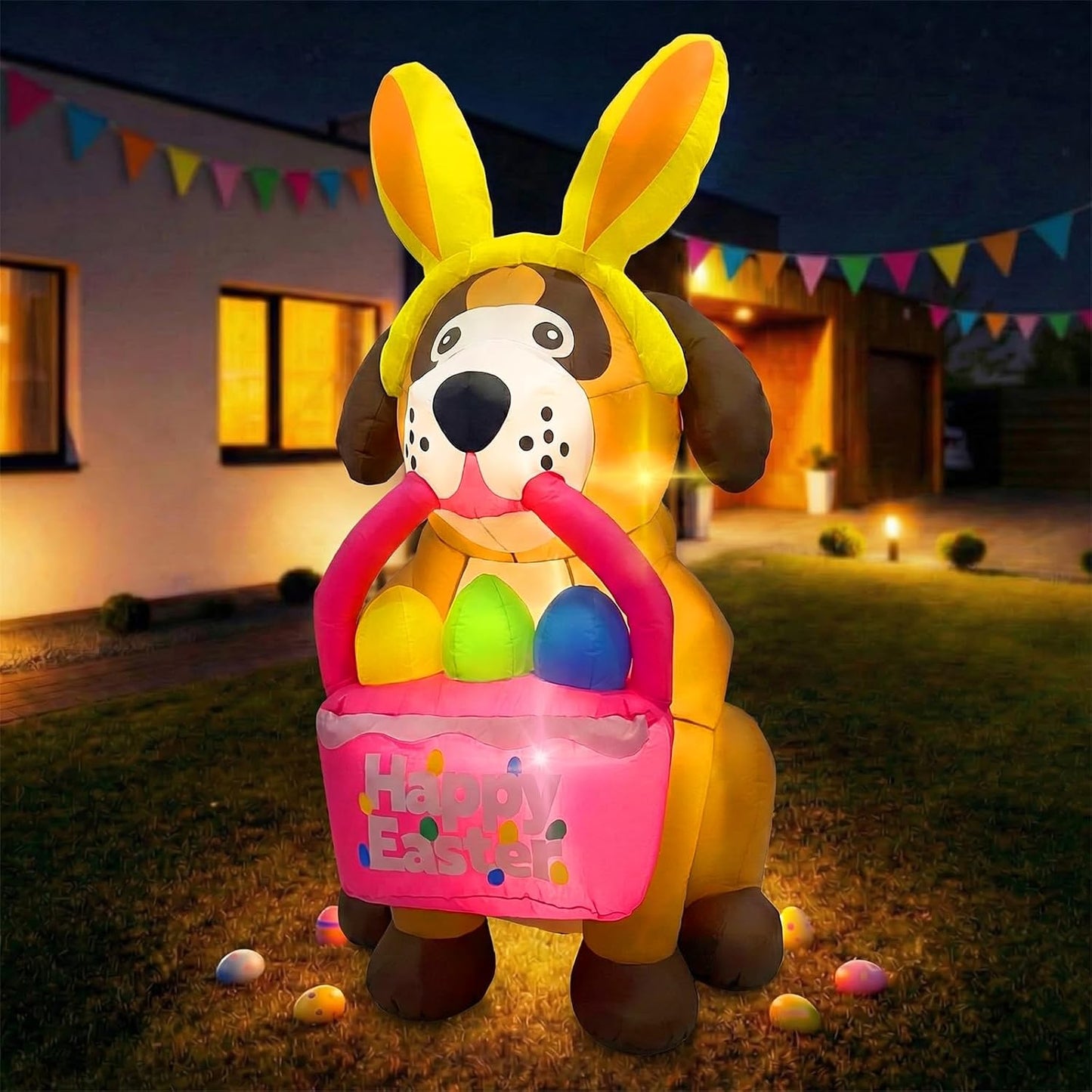 6 FT Easter Inflatables Dog Outdoor Decorations with Bunny Ears, Blow Up Easter Dog Holding Eggs Basket with Build-in LED Lights, Giant Spring Holiday Inflatable Yard Decor for Lawn Garden