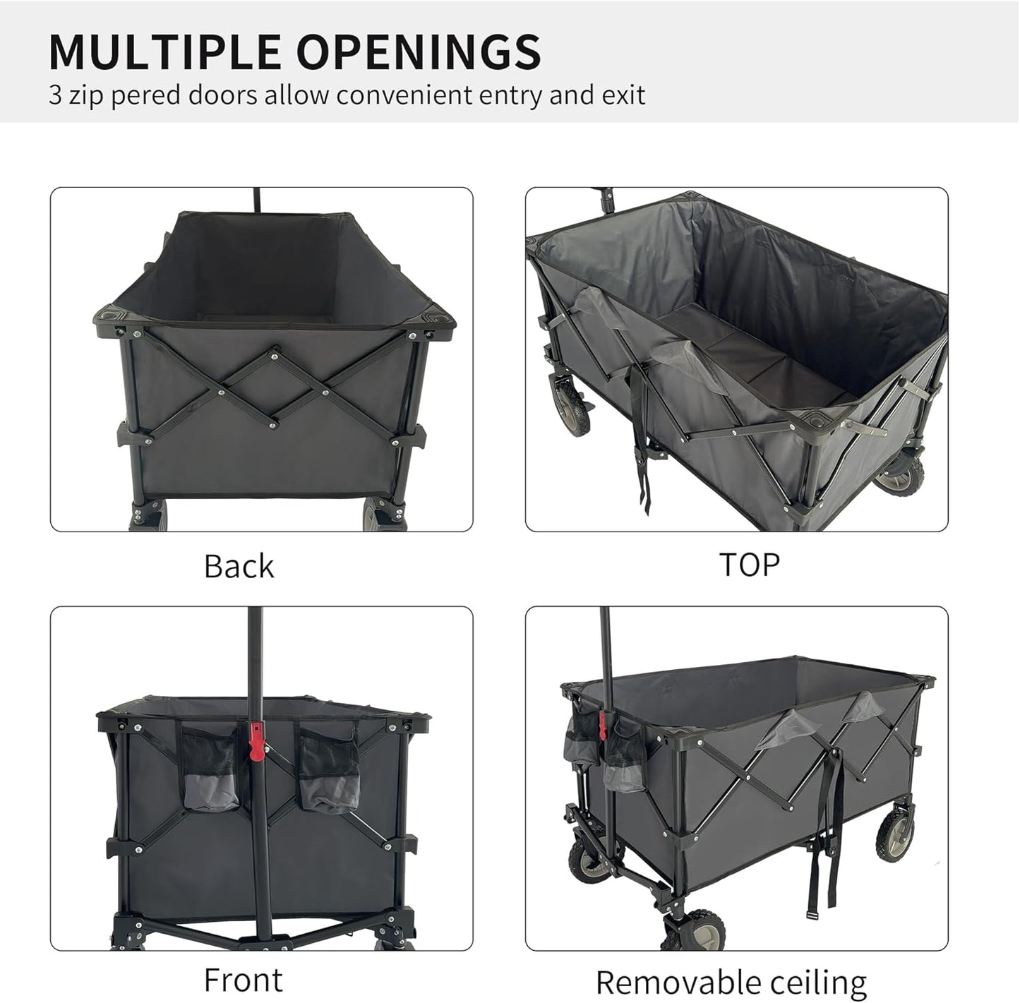 Outdoor Steel Wagon Cart Garden Wagon with Adjustable Handles 2 Cup Holders Wheels 220LBS Large Loading Capacity Collapsible