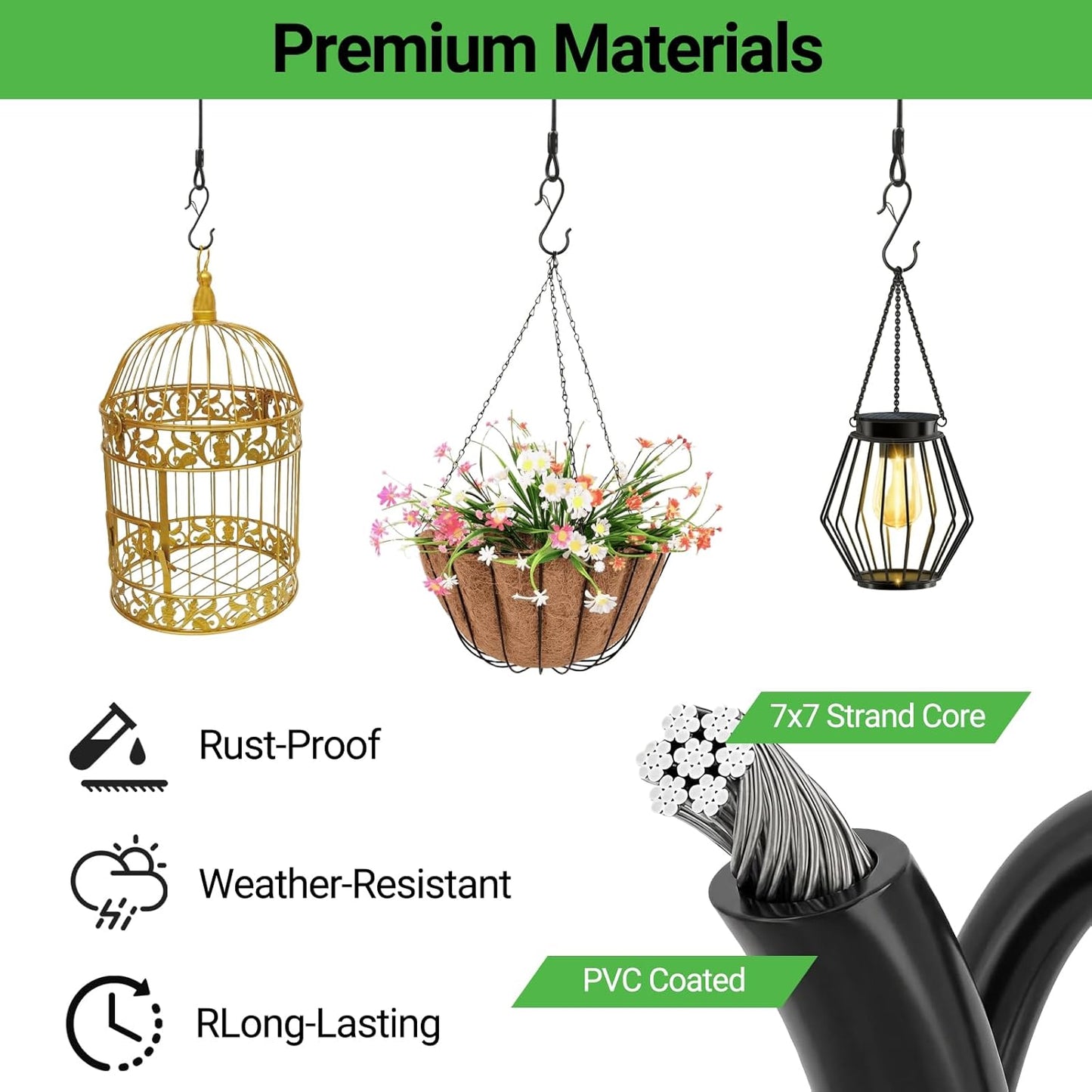 36-inch Hanging Cable – Heavy-Duty 3/16" PVC-Coated Stainless Steel with S-Hooks & Snap Hook for Bird Feeders, Plants, Flower Pots, and Outdoor Hanging Chains