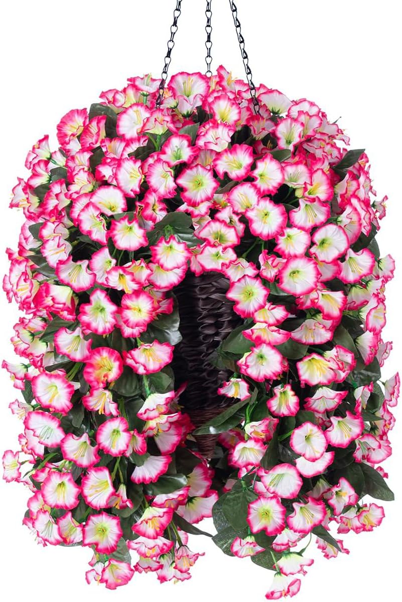Artificial Fall Hanging Flowers in Basket Fake Plant for Outside, Silk Pink Morning Glory Flower Arrangement for Outdoor Decor, UV Resistant Realistic Floral Planter for Porch Patio Balcony