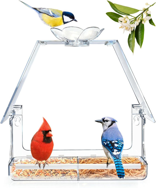 Large Window Bird Feeder with 2 Strong Suction Cups & 2 Non-Marking Adhesive Hooks, Clear View Bird Watching Gift for Bird Lovers & Cats, Bird House-Shaped Design Decor