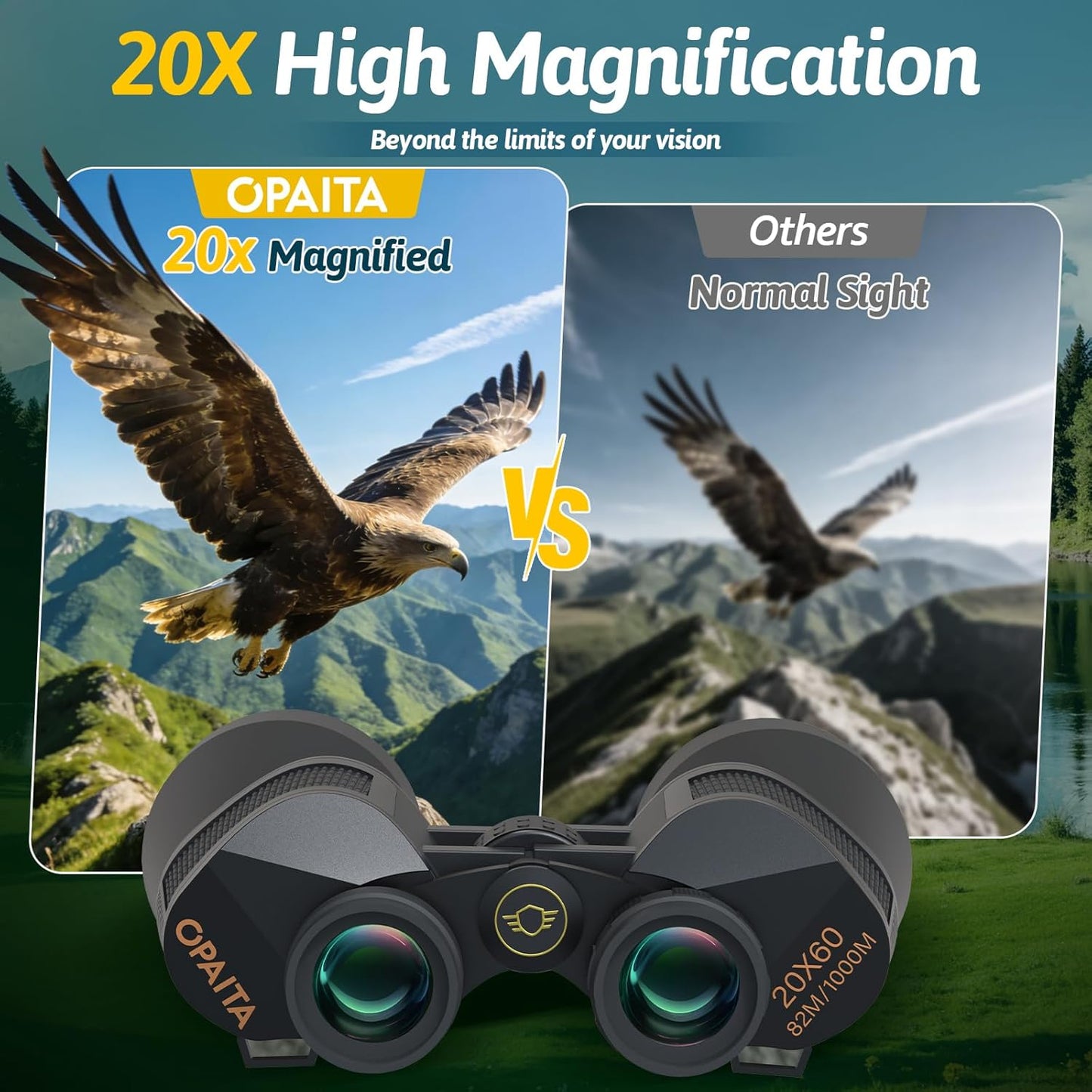 20x60 Binoculars for Adults High Powered - OPAITA HD Binoculars with BAK4 Prism & FMC Lens for Clear Low Light Vision - Large View Binoculars for Bird Watching Hunting Cruise Camping Travel Stargazing
