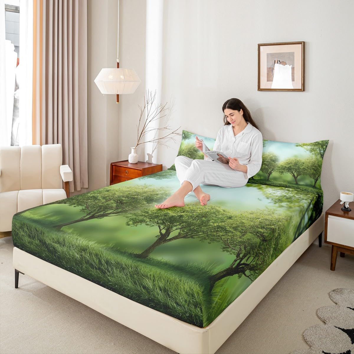 Erosebridal Grass Bedding Set Botanical Leave Lawn Fitted Sheet for Kids Boys Girls Teens Adult Green Luxury Bed Cover Lightweight Bedclothes Twin Size 1 Fitted Sheet with 1 Pillow Case