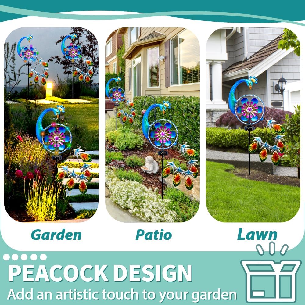 Wind Spinners Outdoor for Yard and Garden - Wind Sculptures & Spinners - 41 Inch Wind Spinner with Solar Powered Multi-Color Light for Yard Garden Backyard Lawn Peacock Decorations