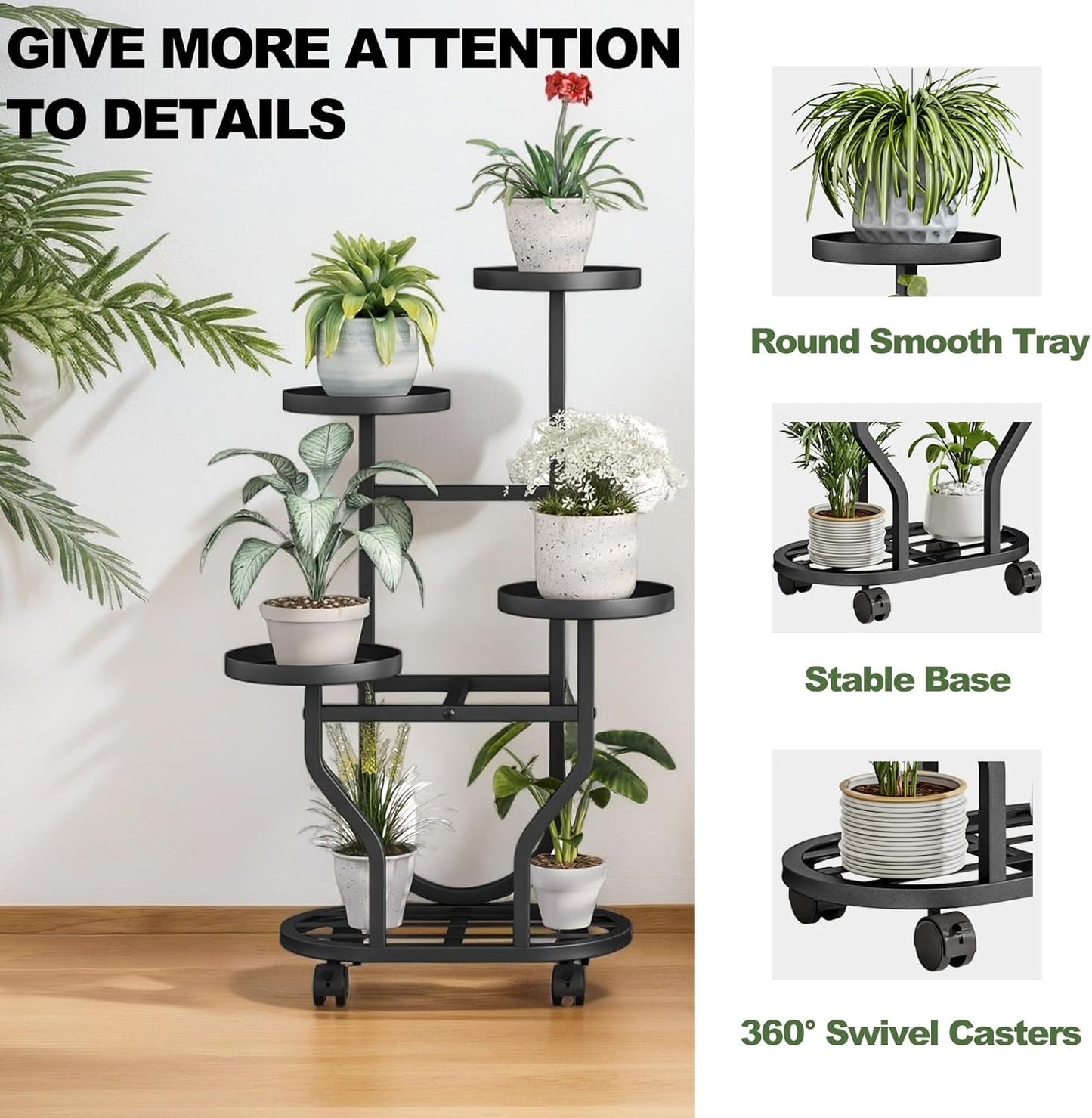 Plant Stand Indoor Outdoor 4 Tier Flower Holder with Wheels Metal Plan