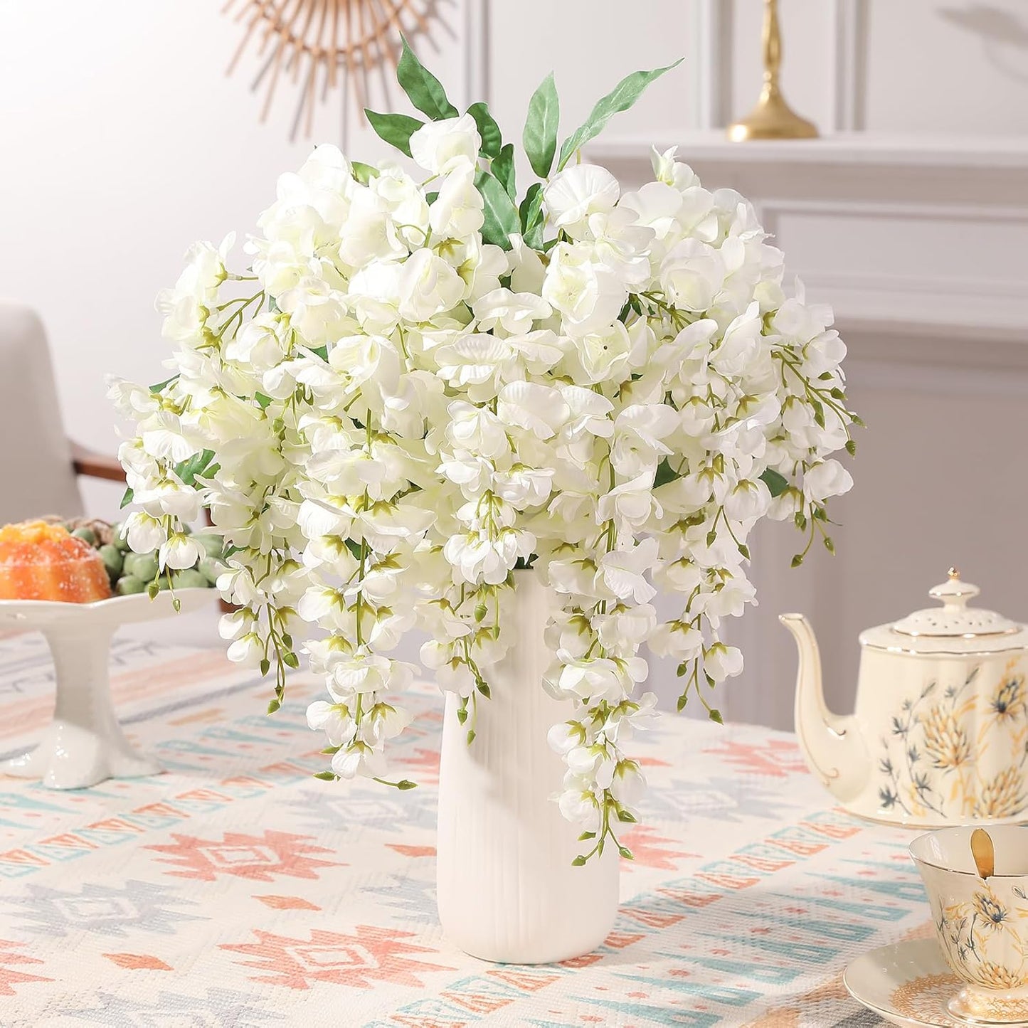 Wisteria Hanging Flowers, Spring Fake Flower for Vase, 2Pcs Silk Wisteria UV & Fading Resistant Faux Plant for Wedding Arch Backdrop Outdoor Patio Garden Decoration Centerpiece Table (White)