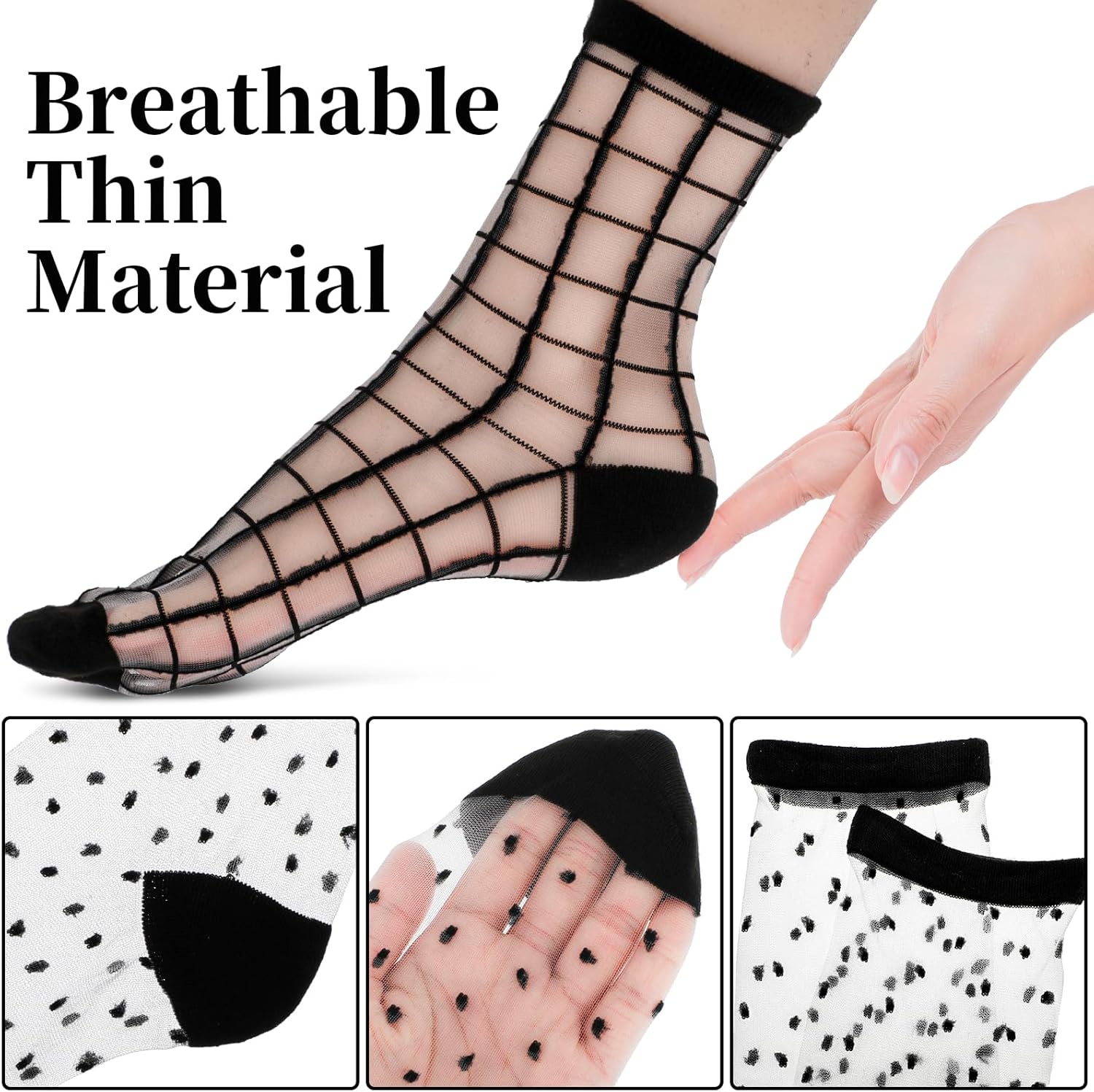 Lusofie 5 Pairs Sheer Black See-Through Socks - Checkered Dot Striped 