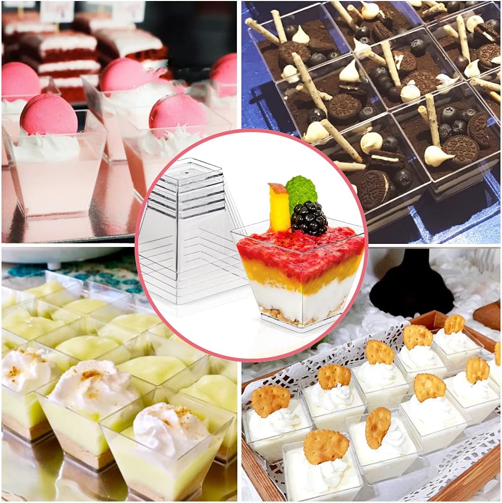 50Pcs Square Mini Plastic Dessert Cups,3.5Oz Clear Plastic Parfait Appetizer Cup for Desserts,Appetizers,Ice Cream
