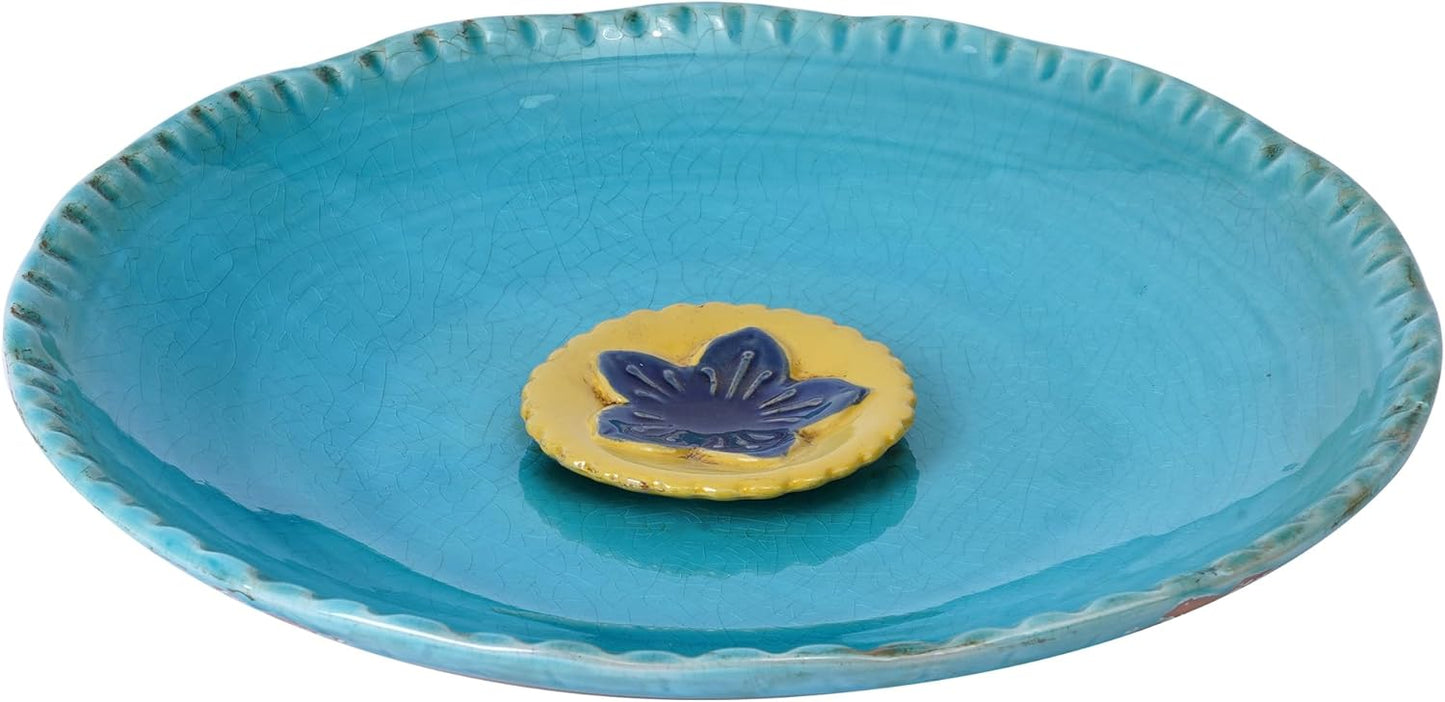 Topadorn 12.25in Ceramic Bird Bath for Outdoors, Large Bird Bath Bowl for Garden Lawn Balcony Patio Yard Tabletop Ground Decor, Blue with Yellow Flower