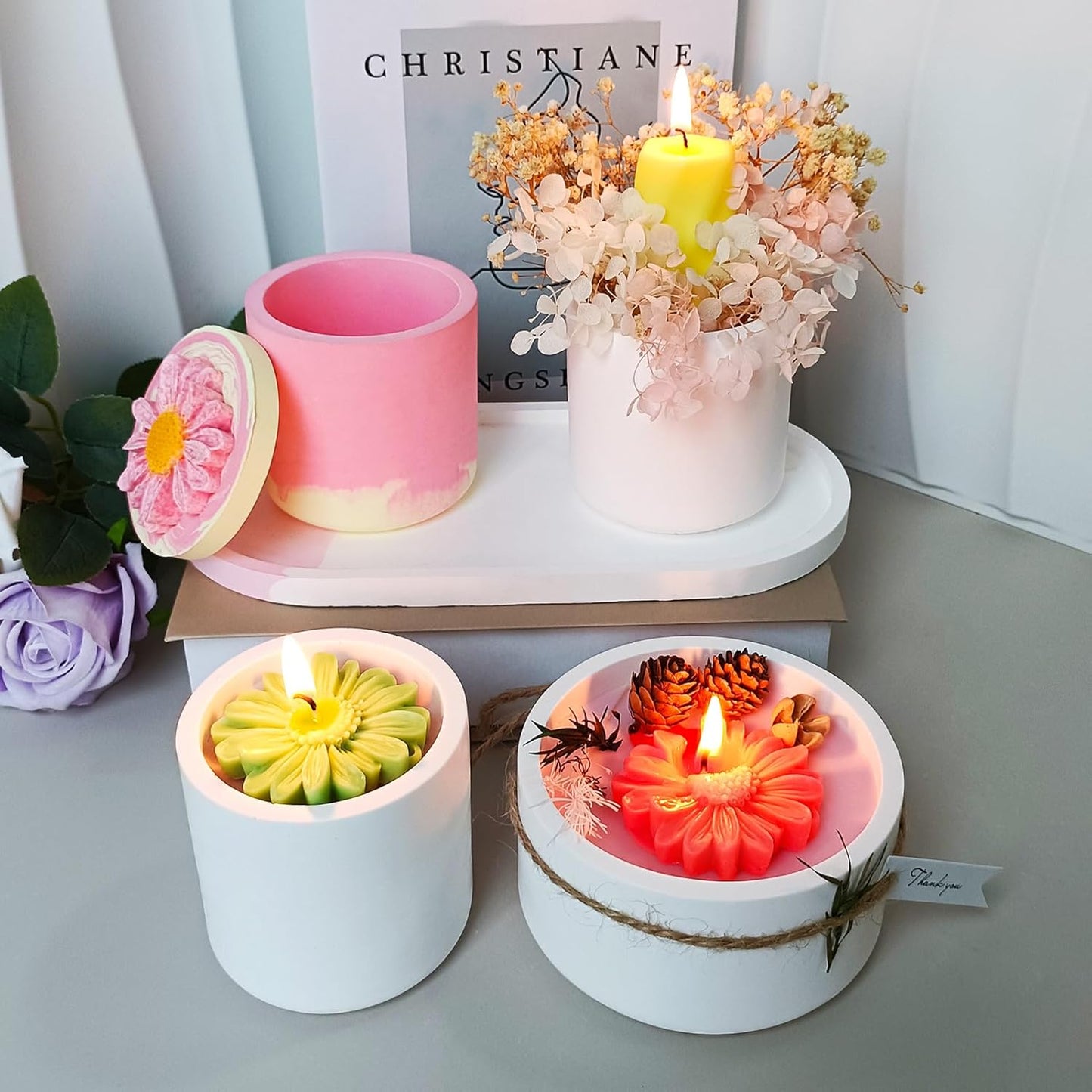 Large Jar Silicone Molds for Epoxy Resin - 2 Pcs Candle Jar Resin Molds with 1 Daisy Candle Mold, Cute Planter Pot Concrete Molds for DIY Jewelry Storage Box, Pen Holder,Mother's Day Gift