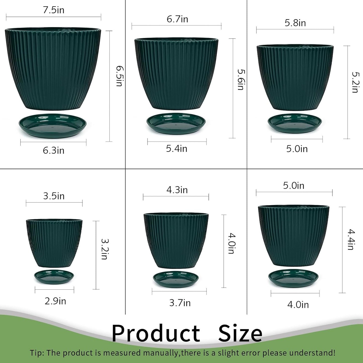 Plant Pots Indoor with Saucers & Drainage - 6 Pack Flower Pots - Plast