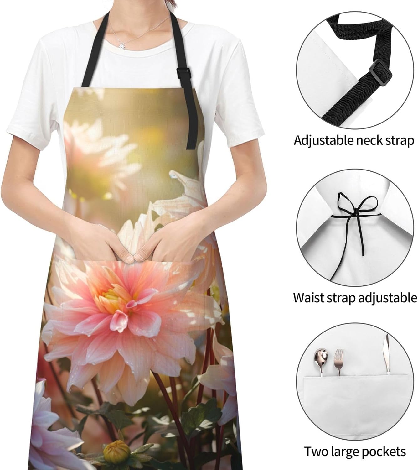Flower print Waterproof apron with pocket adjustable cooking apron for