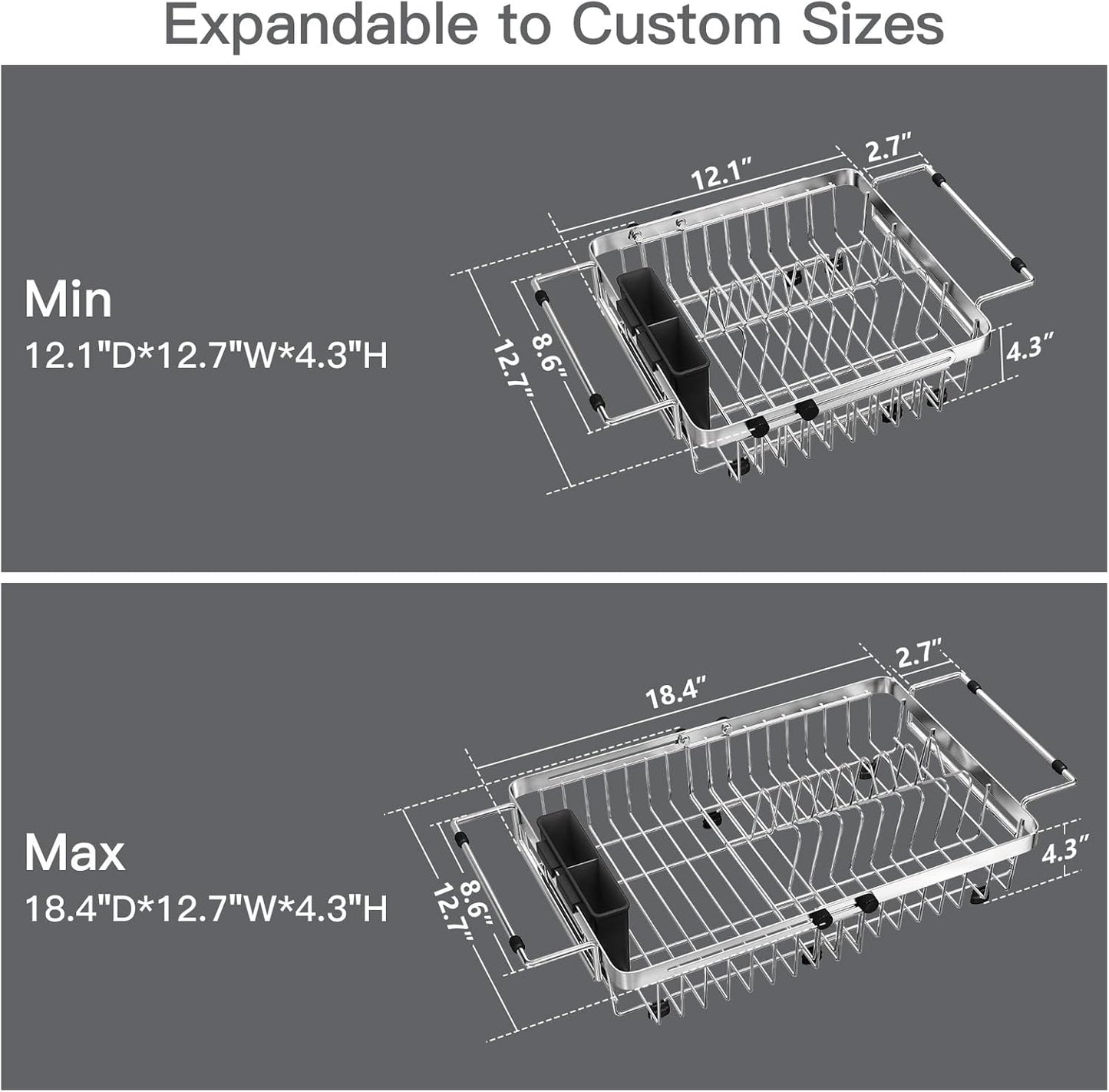 MAJALiS Expandable Stainless Steel Over The Sink Dish Drying Rack for Small Kitchen, Counter Space Saving, Hanging Compact RV Plate Drain Strainer in Silver Wire Metal with Adjustable Utensil Holder