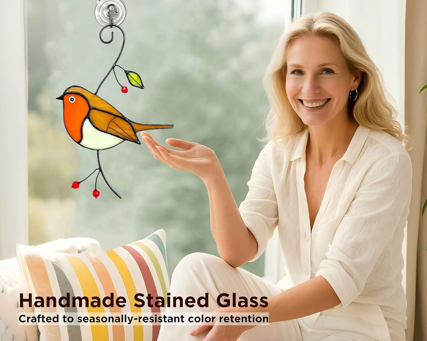 Robin Stained Glass Window Hanging - Handmade Real Glass Robins Suncatcher - Gifts for Women, Mom, Grandma, Mother - Elegant Gifts Box Bird Sculpture Home Decor (H7.5xW5.1 Inch)