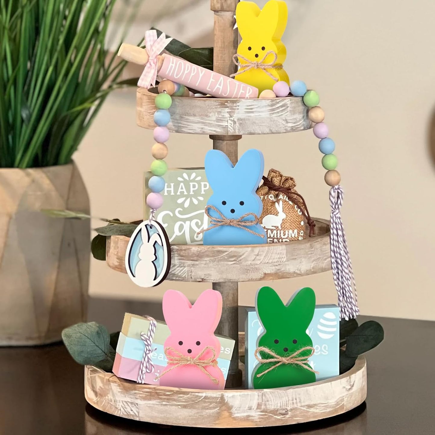 Easter Décor, 4 Pcs Wooden Peep Bunny Decorations for Tiered Tray, Mantel, Farmhouse, Cute Spring Signs for Home, Office, Party Supplies