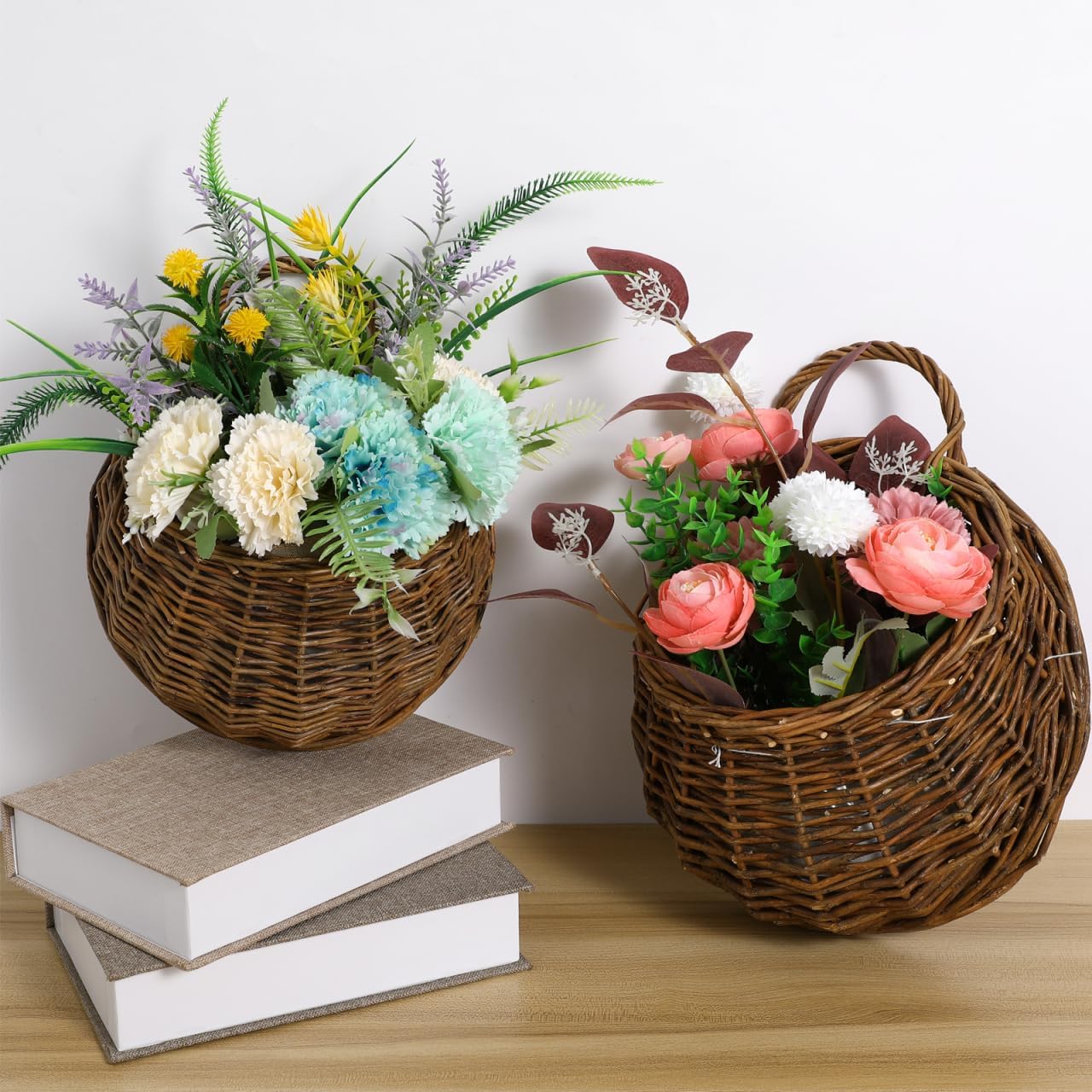 Yardwe Wicker Planter Wall Hanging Flower Pot Set - Rattan Hanging Basket for Indoor Outdoor Garden Decor 2 Pieces 4.7X10.5X4.7 Inches