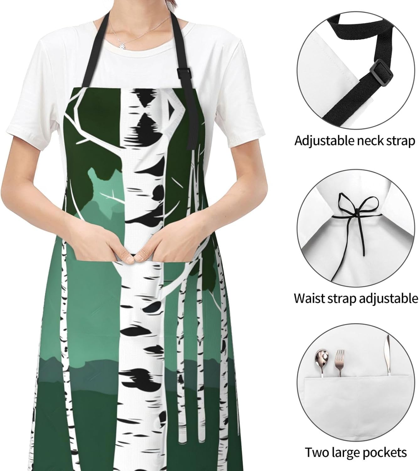 Birch Trees Print 28x33 In Adult Kitchen Apron with Pockets Versatile Chef Smock for Cooking Baking